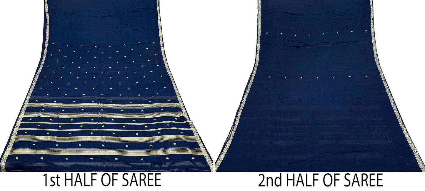 Indian Vintage Sari Blue Pure Cotton Hand Woven Sarees Craft Fabric 5Yd Sewing Soft Crafting Dress making Upcycle Quilting