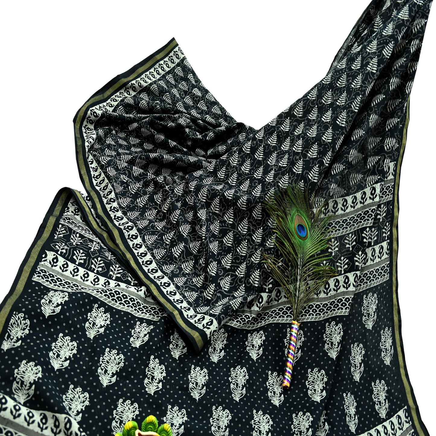 Indian Vintage Sari Black Pure chanderi Silk Bagru Printed Sarees Fabric 5Yd Floral Soft Golden Zari Border Ethnic Dress making Upcycle