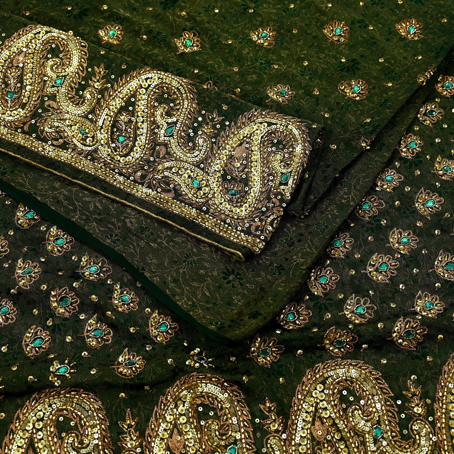Indian Vintage Heavy Sarees Green Pure Georgette Silk Hand Embroidered Sari Fabric 5Yd Sewing Ethnic Zardozi/dabka zari Wedding sarees