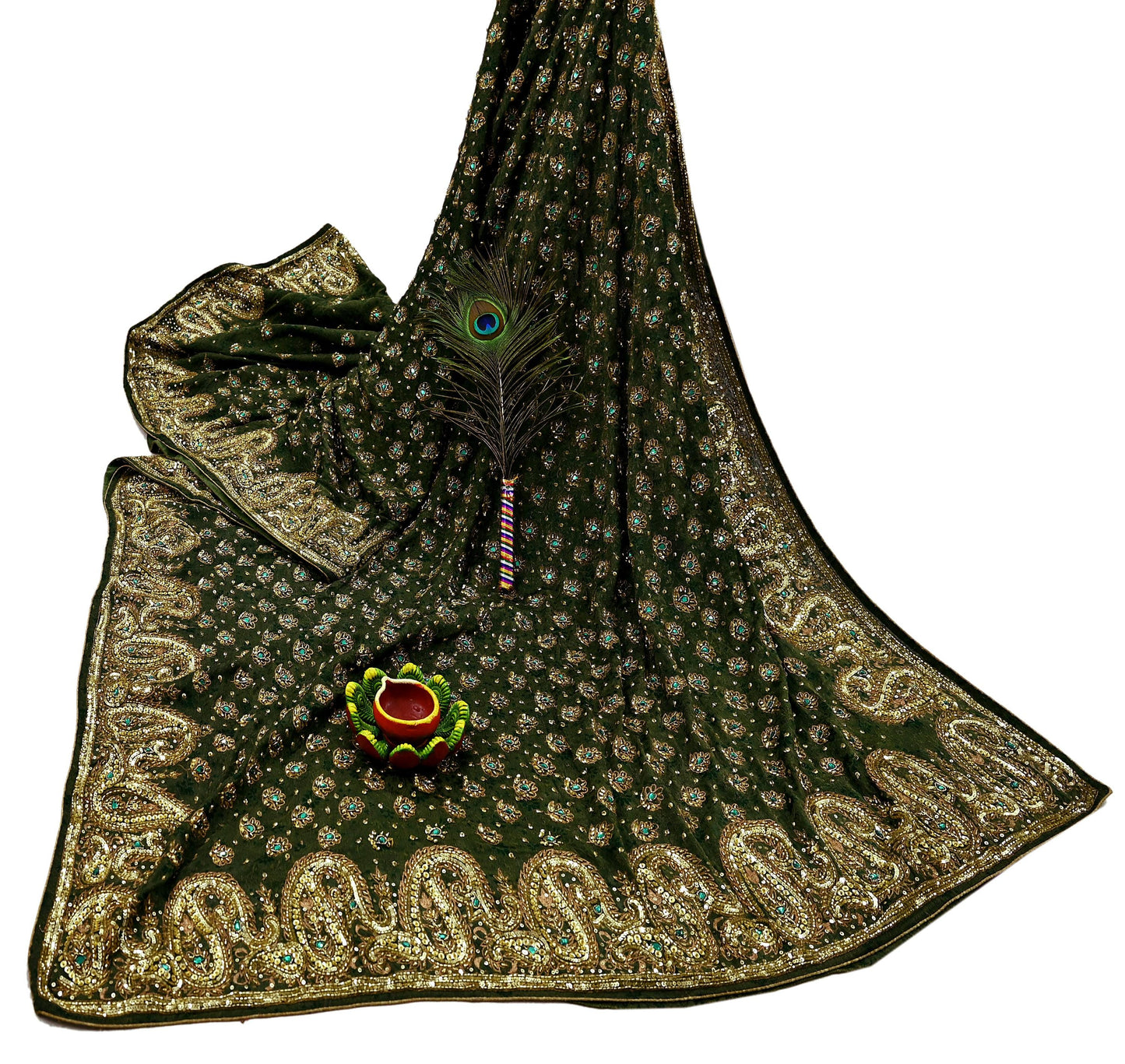 Indian Vintage Heavy Sarees Green Pure Georgette Silk Hand Embroidered Sari Fabric 5Yd Sewing Ethnic Zardozi/dabka zari Wedding sarees