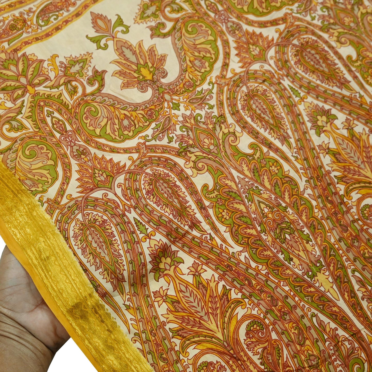Indian Vintage Sari Ivory Pure Silk Printed Sarees Fabric 6yd Sewing Zari Border Craft Fabric DressMaking Soft Crafting Quilting