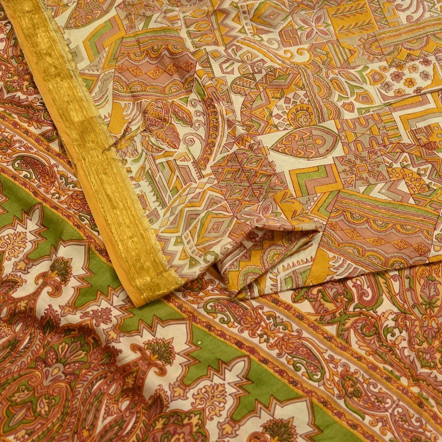 Indian Vintage Sari Ivory Pure Silk Printed Sarees Fabric 6yd Sewing Zari Border Craft Fabric DressMaking Soft Crafting Quilting