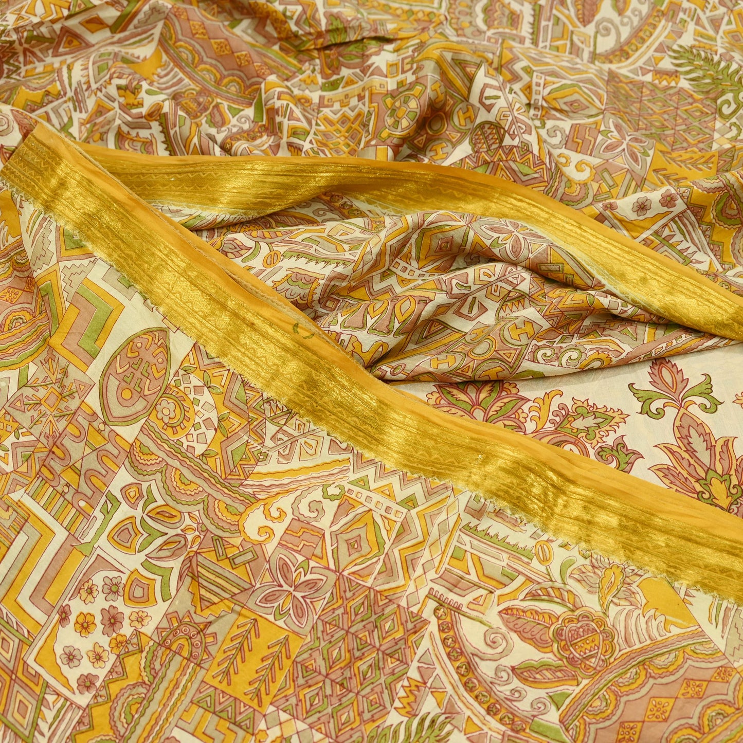 Indian Vintage Sari Ivory Pure Silk Printed Sarees Fabric 6yd Sewing Zari Border Craft Fabric DressMaking Soft Crafting Quilting