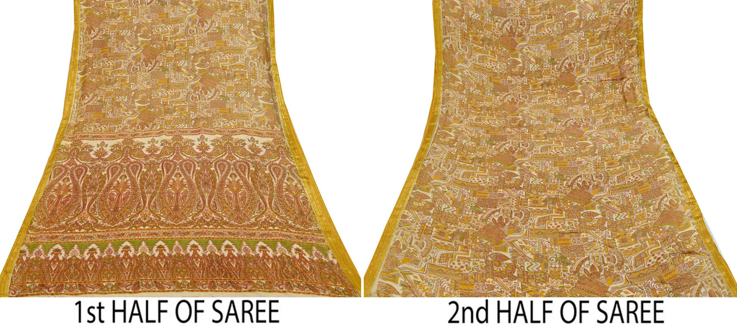 Indian Vintage Sari Ivory Pure Silk Printed Sarees Fabric 6yd Sewing Zari Border Craft Fabric DressMaking Soft Crafting Quilting