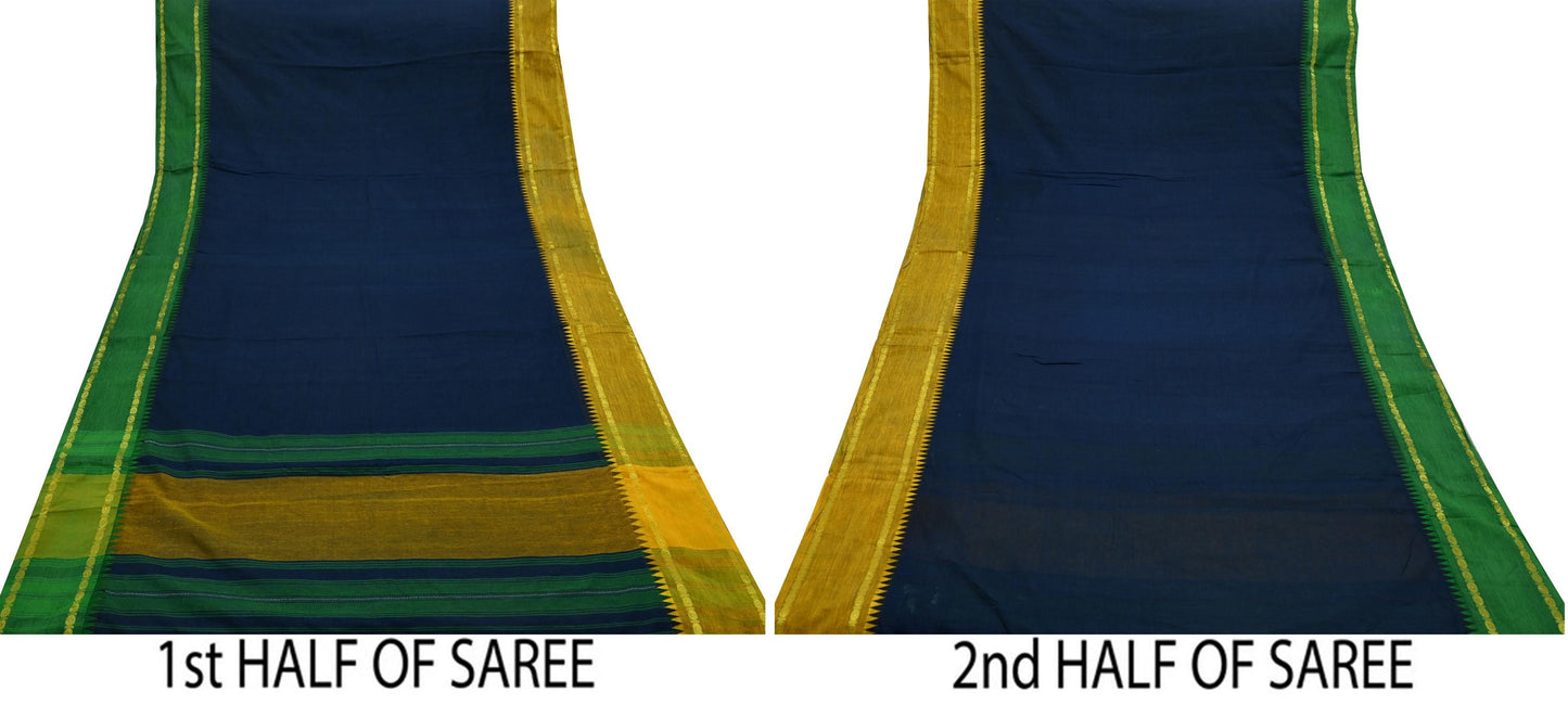 Indian Vintage Sari Blue Pure Cotton Hand Woven Saree Zari 5Yd Craft Fabric Floral Dress making Crafting Quilting Sarong
