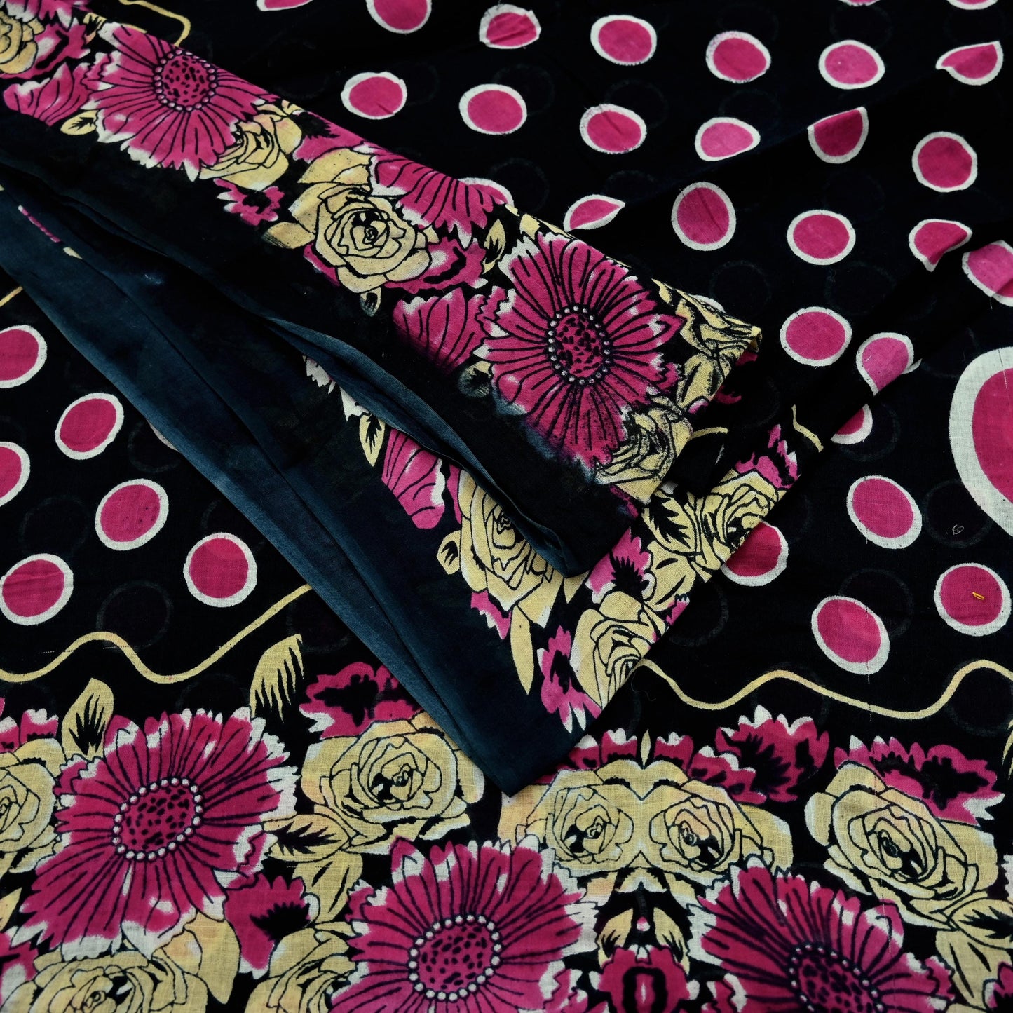Indian Vintage Sari Black Printed 100% Pure Cotton Saree Craft Fabric 5Yd Sewing Sarong Wrap Boho Floral Dress making Quilting Soft