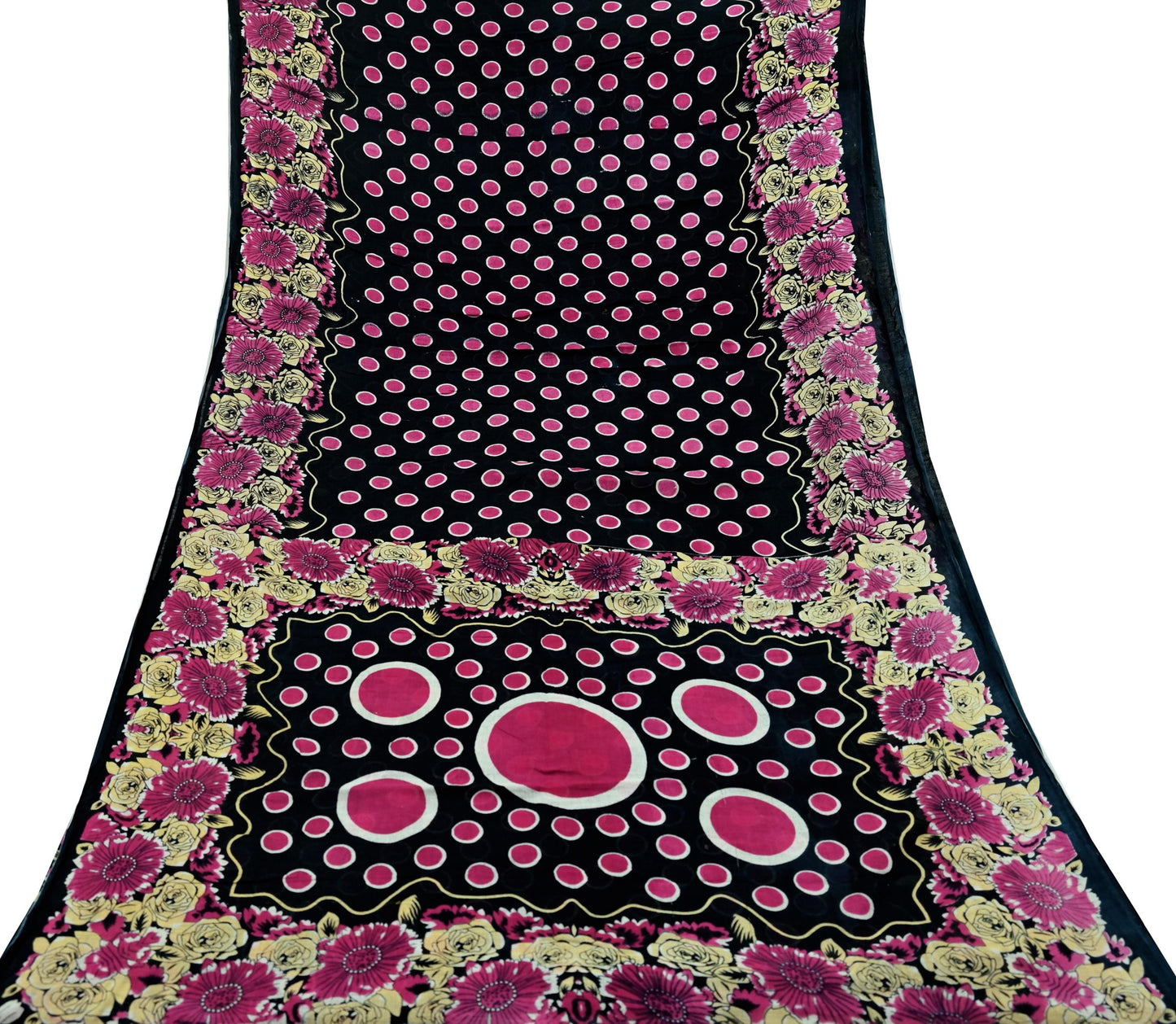 Indian Vintage Sari Black Printed 100% Pure Cotton Saree Craft Fabric 5Yd Sewing Sarong Wrap Boho Floral Dress making Quilting Soft