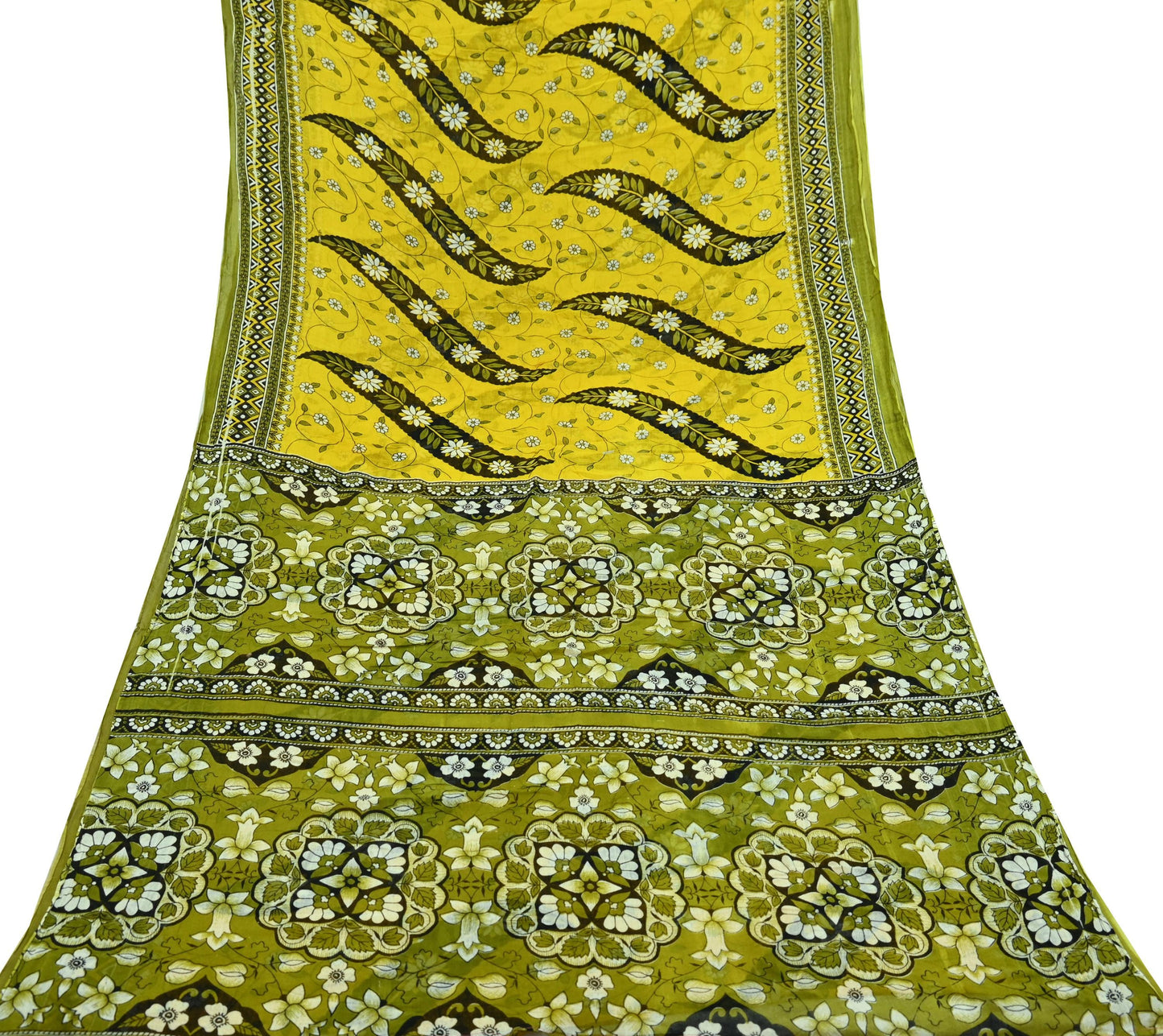Indian Vintage Sari Yellow & Green Printed Pure Cotton Sarees Craft Fabric 5Yd Soft Sewing Sarong Wrap Boho Floral Dress making Quilting