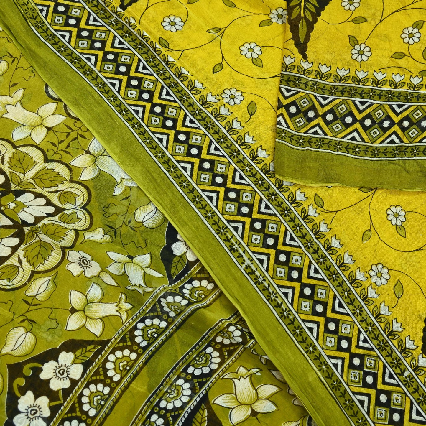Indian Vintage Sari Yellow & Green Printed Pure Cotton Sarees Craft Fabric 5Yd Soft Sewing Sarong Wrap Boho Floral Dress making Quilting