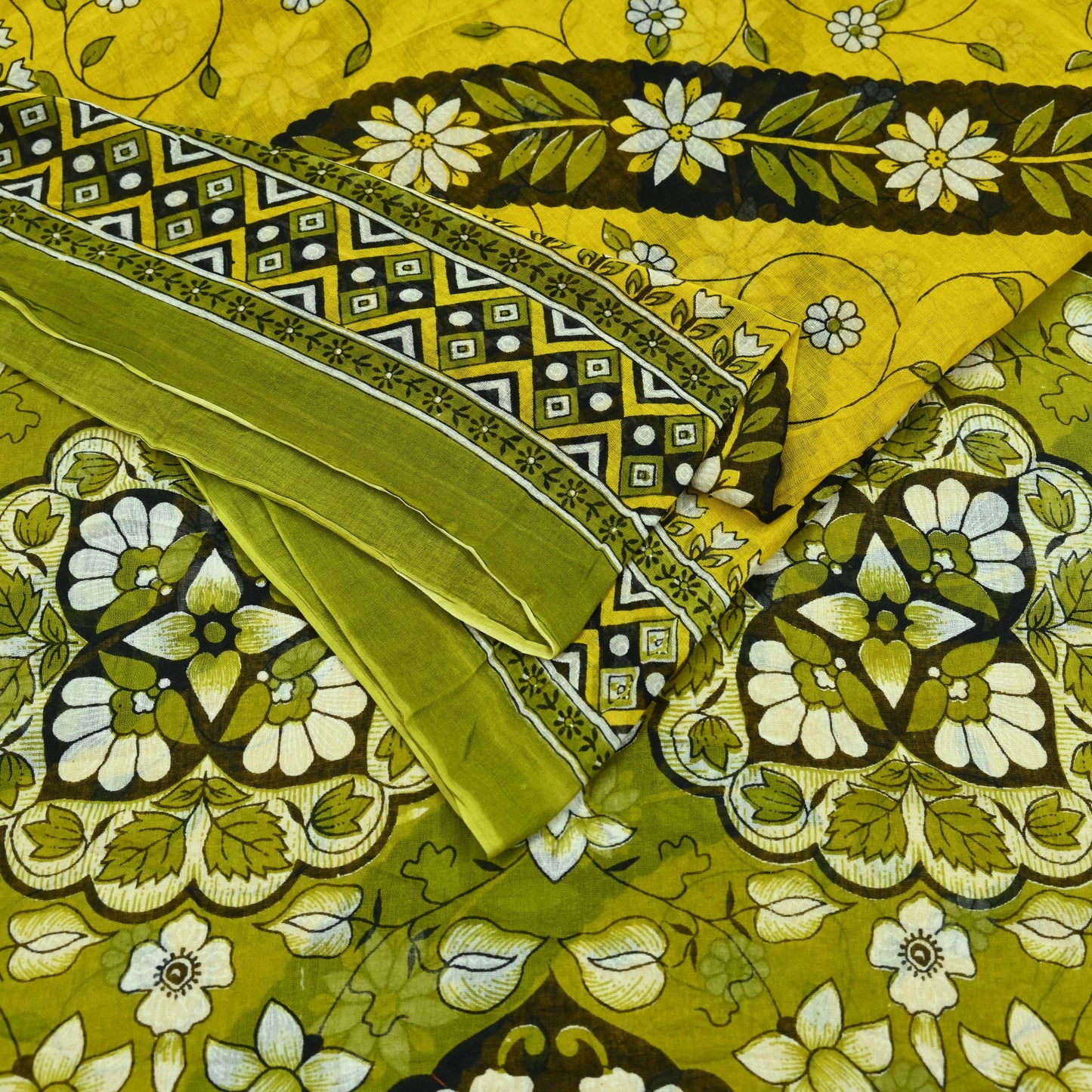 Indian Vintage Sari Yellow & Green Printed Pure Cotton Sarees Craft Fabric 5Yd Soft Sewing Sarong Wrap Boho Floral Dress making Quilting