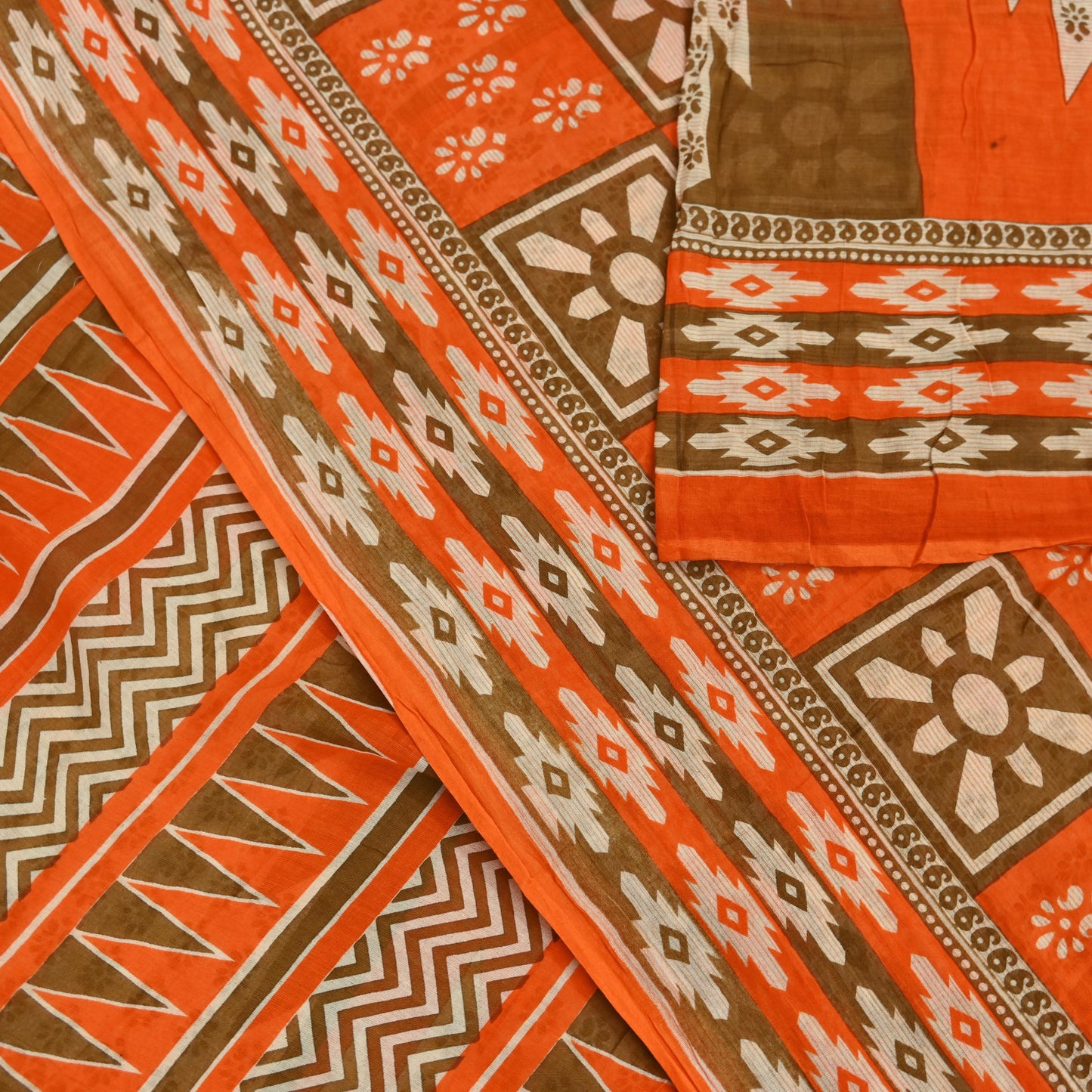 Indian Vintage Sari Orange & Brown Printed Pure Cotton Saree Craft Fabric 5Yd Soft Sewing Sarong Wrap Boho Dress making Crafting Quilting