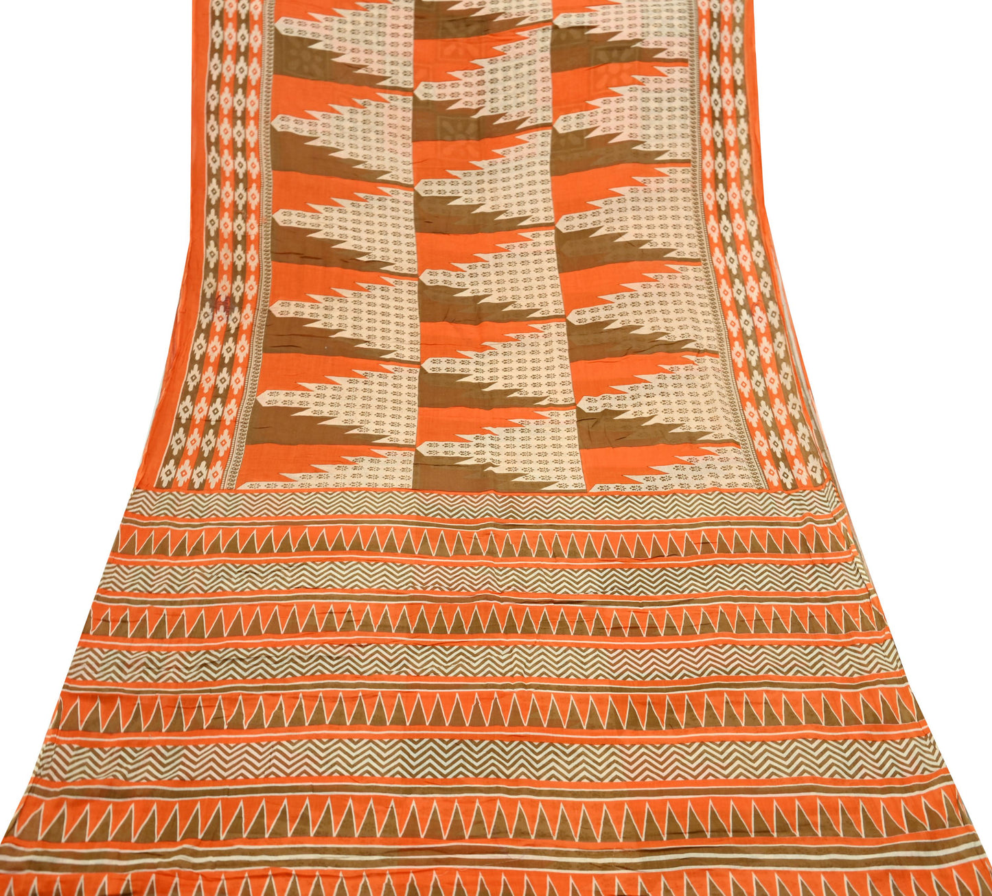 Indian Vintage Sari Orange & Brown Printed Pure Cotton Saree Craft Fabric 5Yd Soft Sewing Sarong Wrap Boho Dress making Crafting Quilting