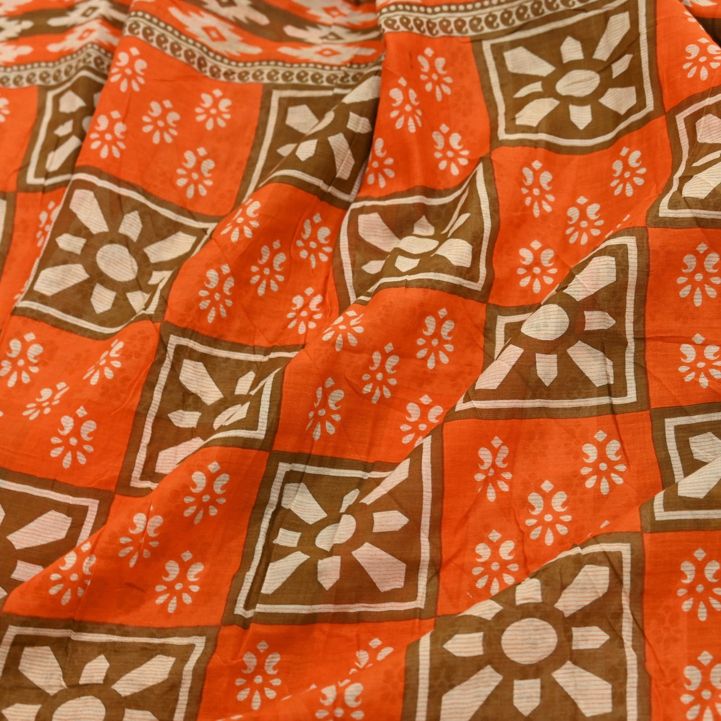 Indian Vintage Sari Orange & Brown Printed Pure Cotton Saree Craft Fabric 5Yd Soft Sewing Sarong Wrap Boho Dress making Crafting Quilting