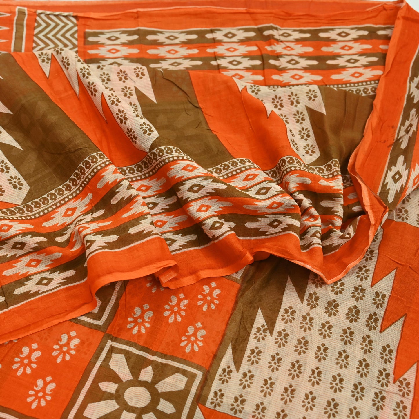 Indian Vintage Sari Orange & Brown Printed Pure Cotton Saree Craft Fabric 5Yd Soft Sewing Sarong Wrap Boho Dress making Crafting Quilting