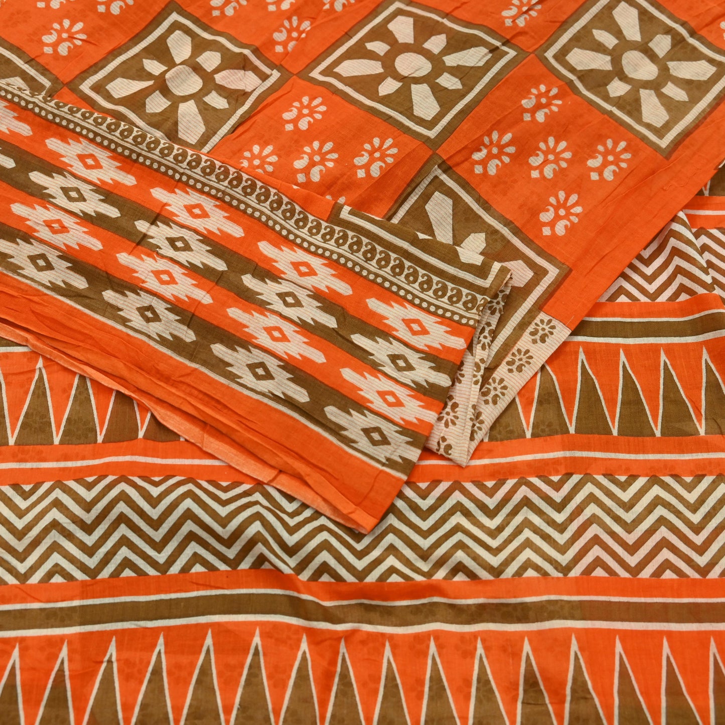 Indian Vintage Sari Orange & Brown Printed Pure Cotton Saree Craft Fabric 5Yd Soft Sewing Sarong Wrap Boho Dress making Crafting Quilting