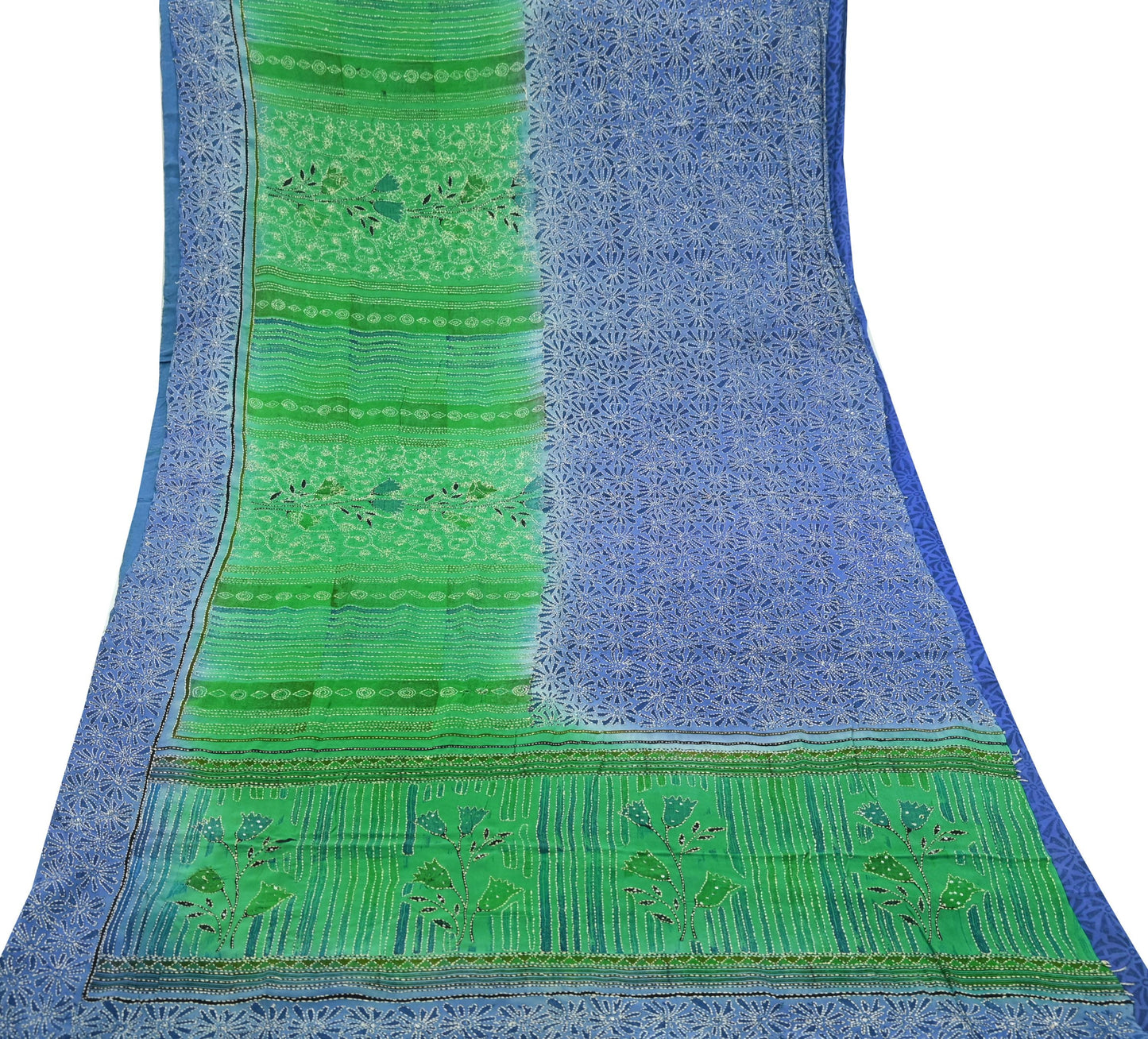 Indian Vintage Sari Blue & Green Pure Crepe Silk Hand Embroidered Kantha Saree 5yd Craft Fabric Sewing Floral Soft Dress making Crafting