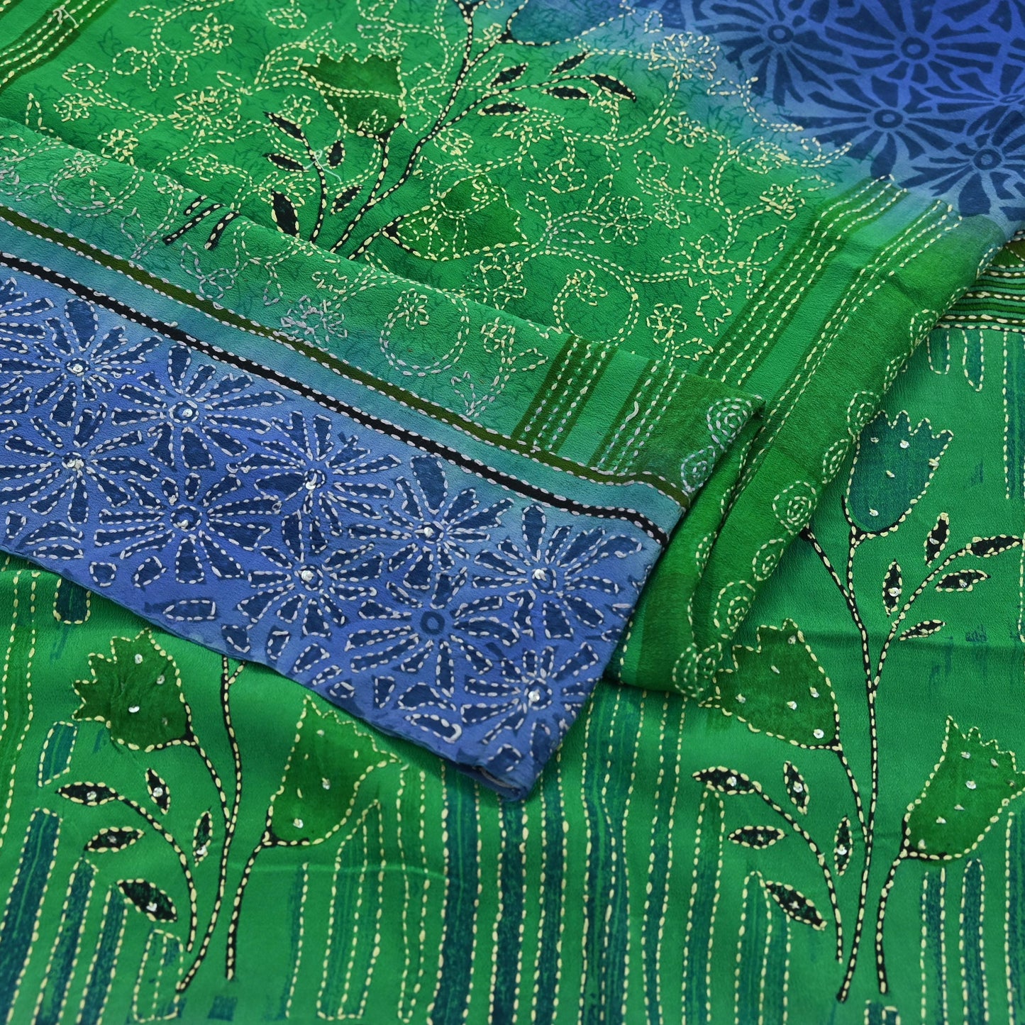 Indian Vintage Sari Blue & Green Pure Crepe Silk Hand Embroidered Kantha Saree 5yd Craft Fabric Sewing Floral Soft Dress making Crafting