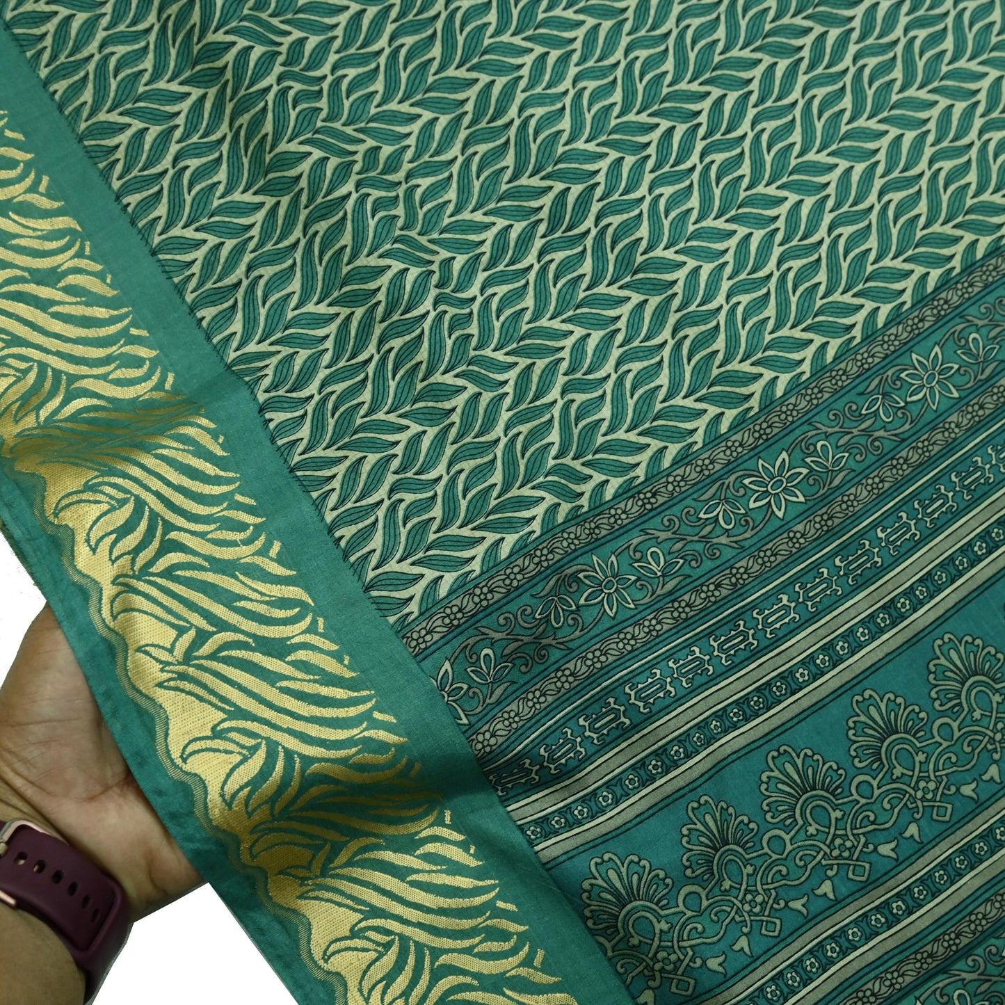 Indian Vintage Sari Beige & Green Pure Silk Printed Saree Craft Fabric 5yd Sewing DressMaking Soft Crafting Quilting Upcycle