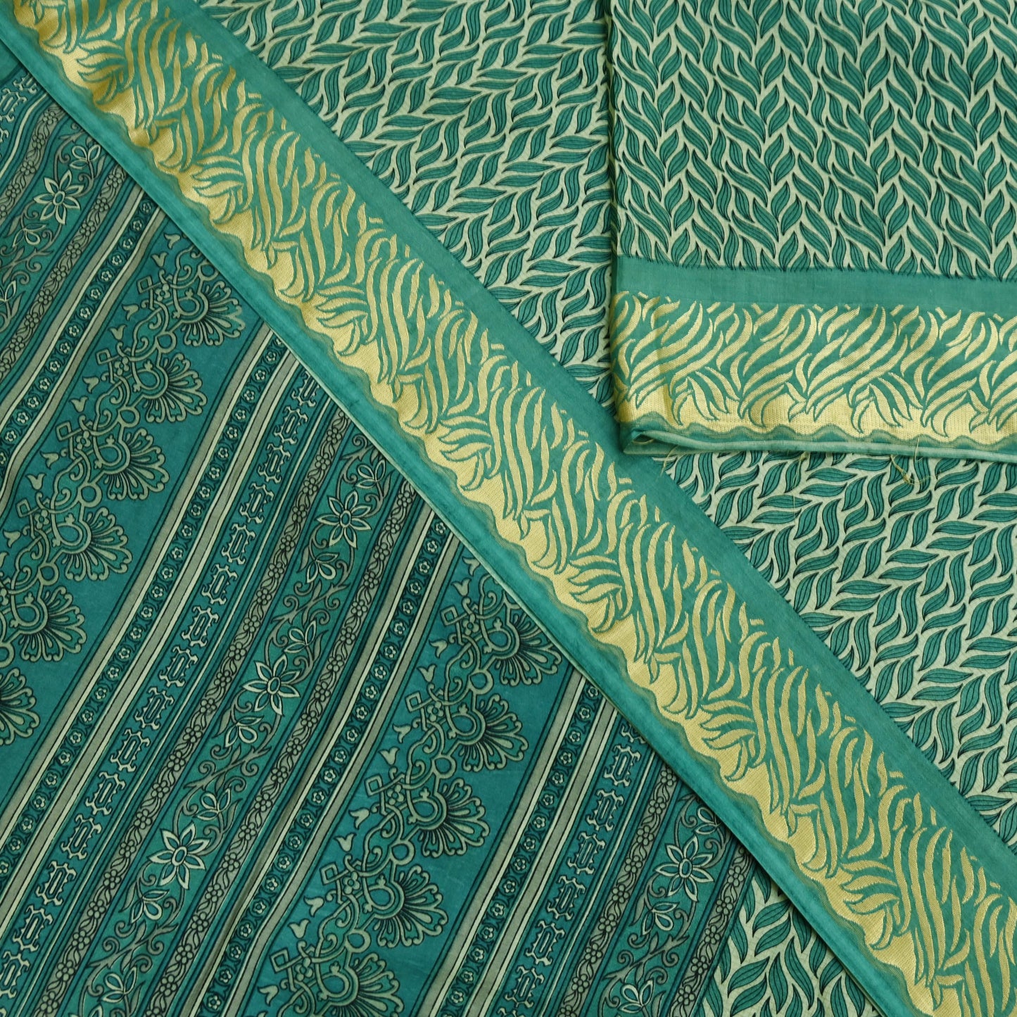 Indian Vintage Sari Beige & Green Pure Silk Printed Saree Craft Fabric 5yd Sewing DressMaking Soft Crafting Quilting Upcycle