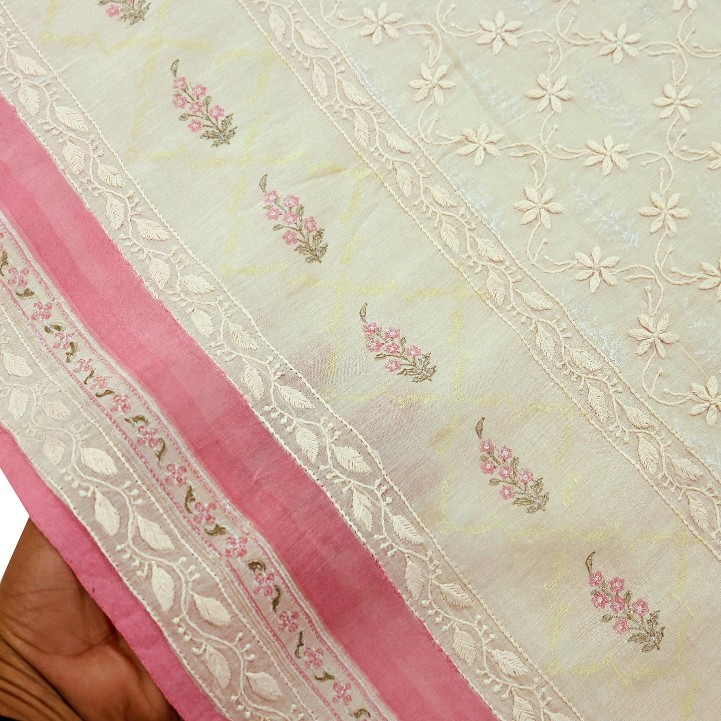 Indian Vintage Dupatta Ivory Long Stole Pure Chanderi silk Handmade Chikankari Scarves Veil Scarf Wrap Floral Design