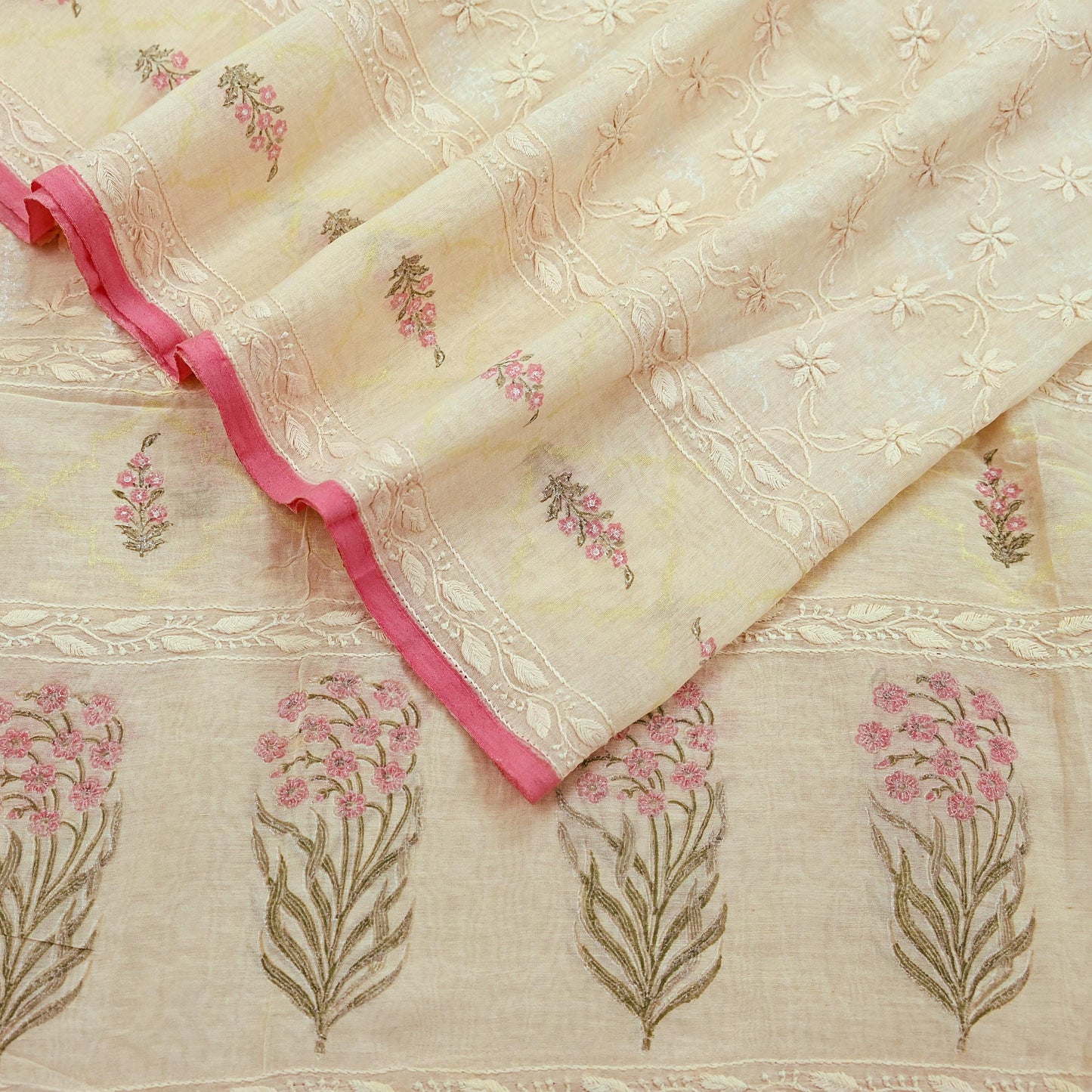 Indian Vintage Dupatta Ivory Long Stole Pure Chanderi silk Handmade Chikankari Scarves Veil Scarf Wrap Floral Design