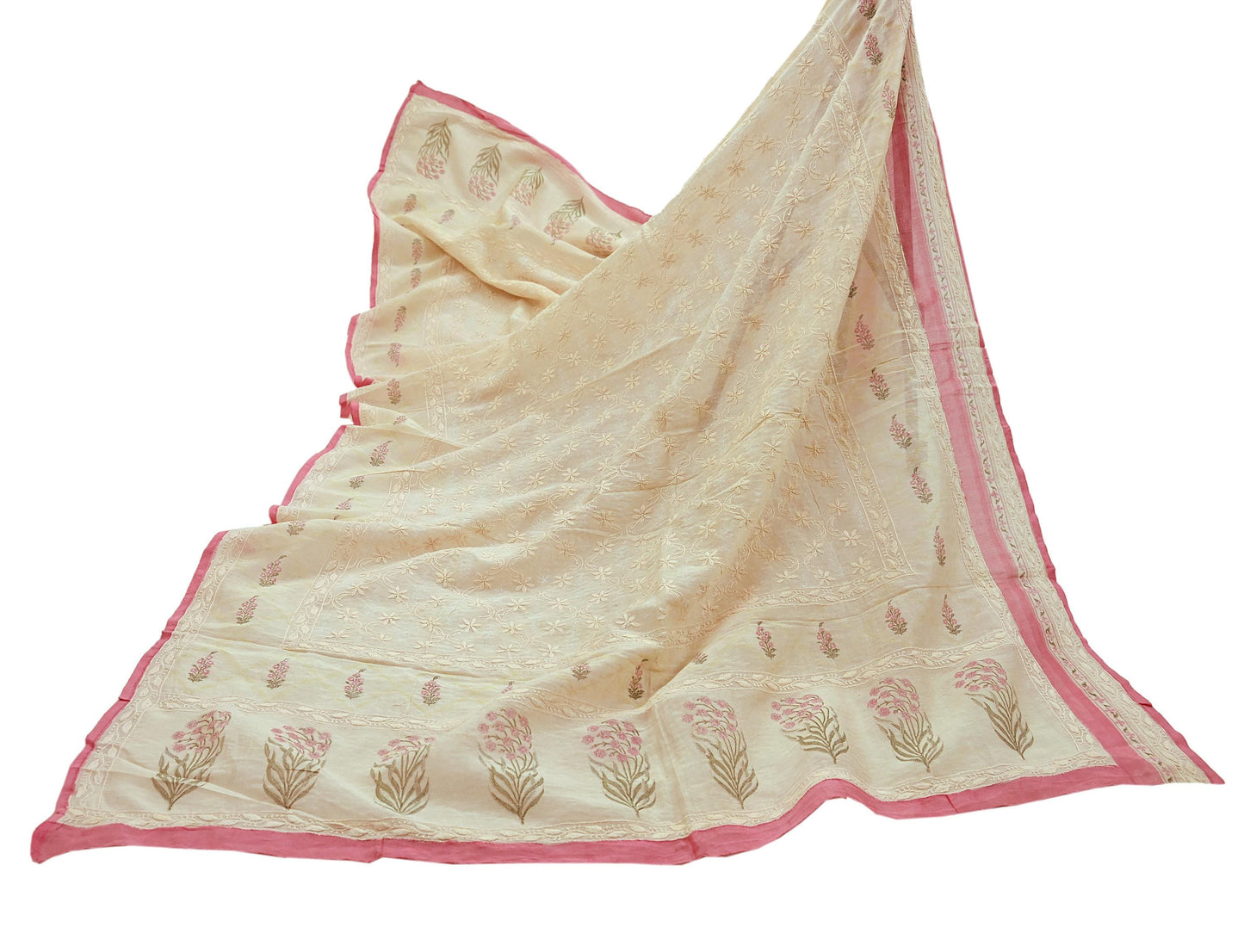 Indian Vintage Dupatta Ivory Long Stole Pure Chanderi silk Handmade Chikankari Scarves Veil Scarf Wrap Floral Design