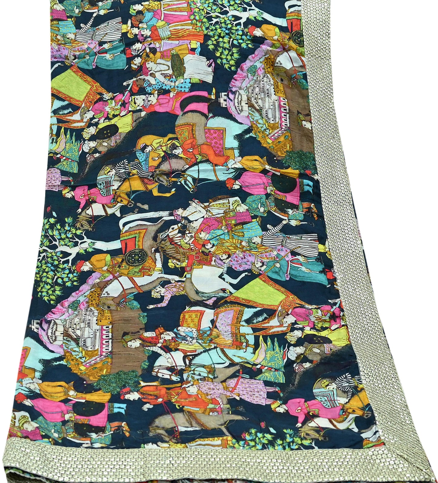 Indian Vintage Dupatta Blue Long Stole Digital Printed Hijab Blend Cotton Scarves Veil Soft Wrap Boho Silver Border