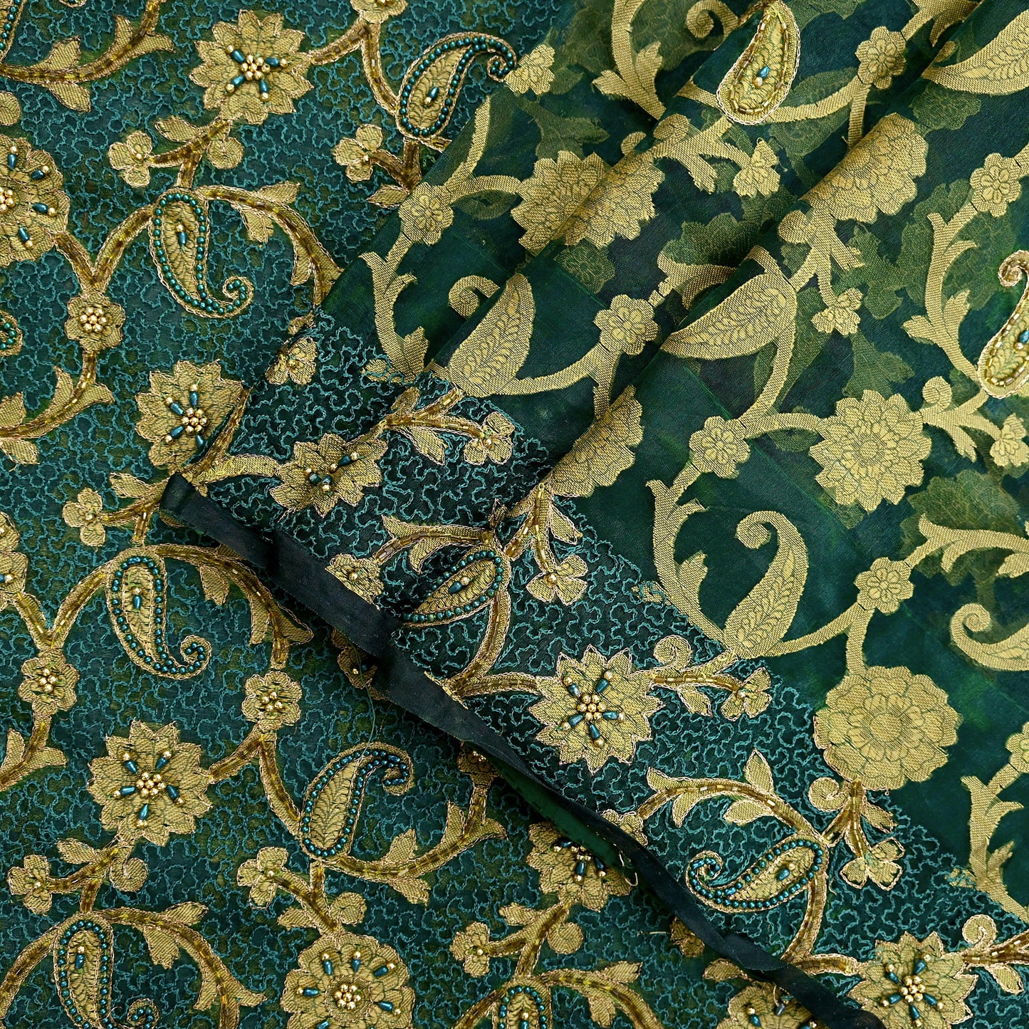 Indian Vintage Sari Green Hand Embroidered Saree Pure Organza Silk Craft Fabric 5Yd Ethnic Dress Making Crafting Quilting