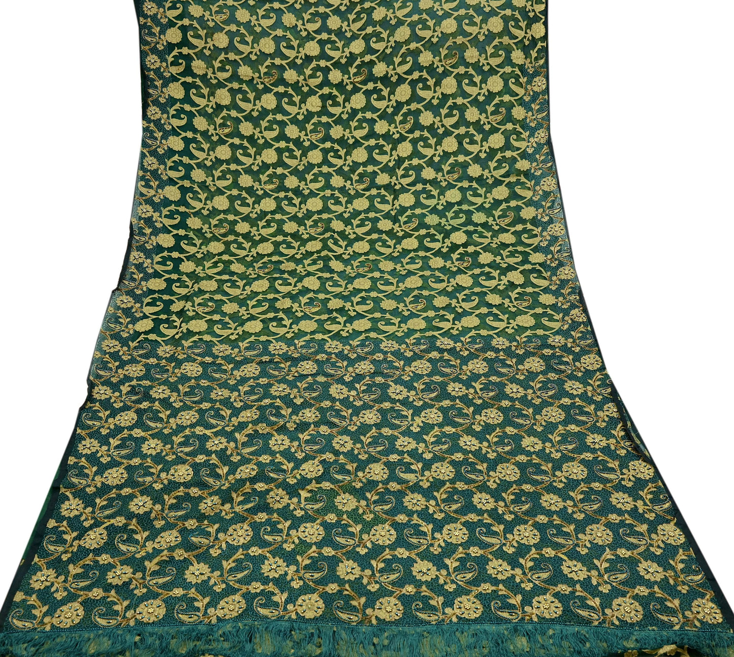 Indian Vintage Sari Green Hand Embroidered Saree Pure Organza Silk Craft Fabric 5Yd Ethnic Dress Making Crafting Quilting