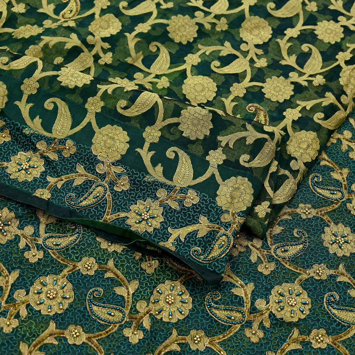 Indian Vintage Sari Green Hand Embroidered Saree Pure Organza Silk Craft Fabric 5Yd Ethnic Dress Making Crafting Quilting
