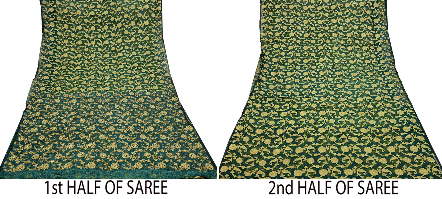 Indian Vintage Sari Green Hand Embroidered Saree Pure Organza Silk Craft Fabric 5Yd Ethnic Dress Making Crafting Quilting