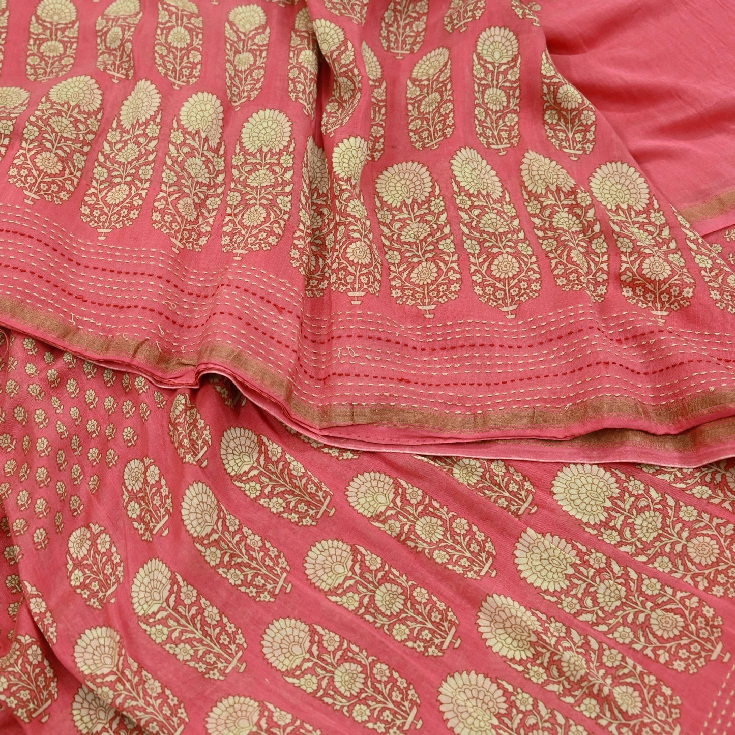 Indian Vintage Sari Peach Pure chanderi Silk Block Printed Sarees Craft Fabric 5Yd Zari Border Floral Dress making bollywood Fringes