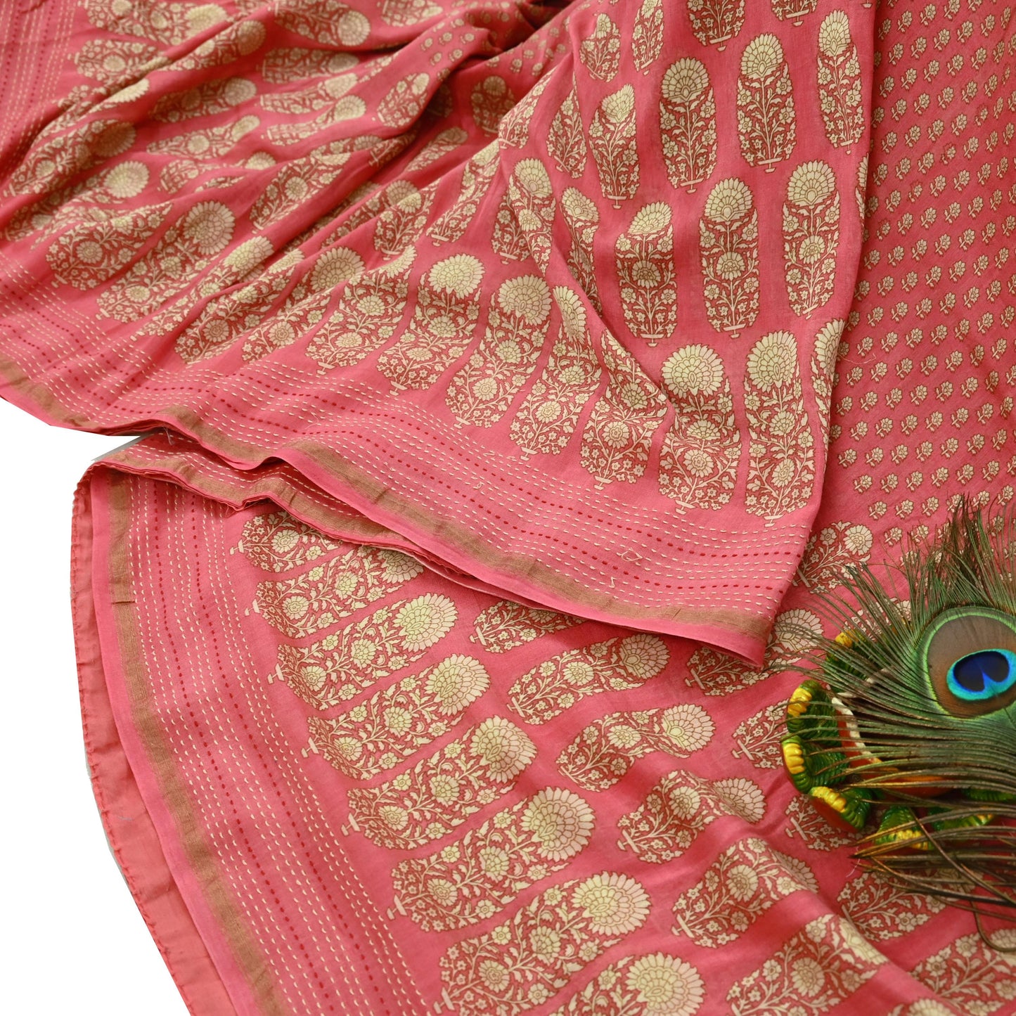 Indian Vintage Sari Peach Pure chanderi Silk Block Printed Sarees Craft Fabric 5Yd Zari Border Floral Dress making bollywood Fringes