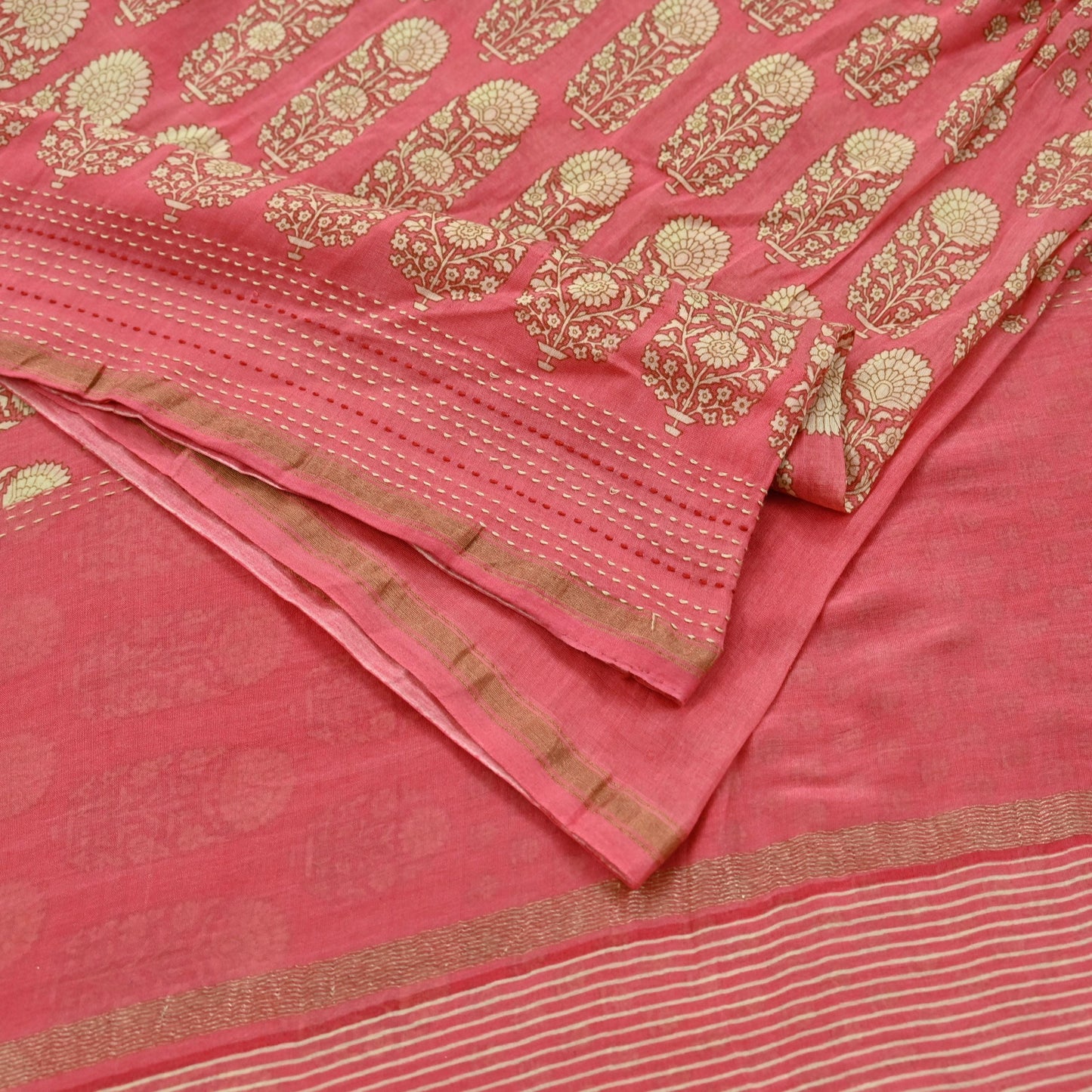 Indian Vintage Sari Peach Pure chanderi Silk Block Printed Sarees Craft Fabric 5Yd Zari Border Floral Dress making bollywood Fringes