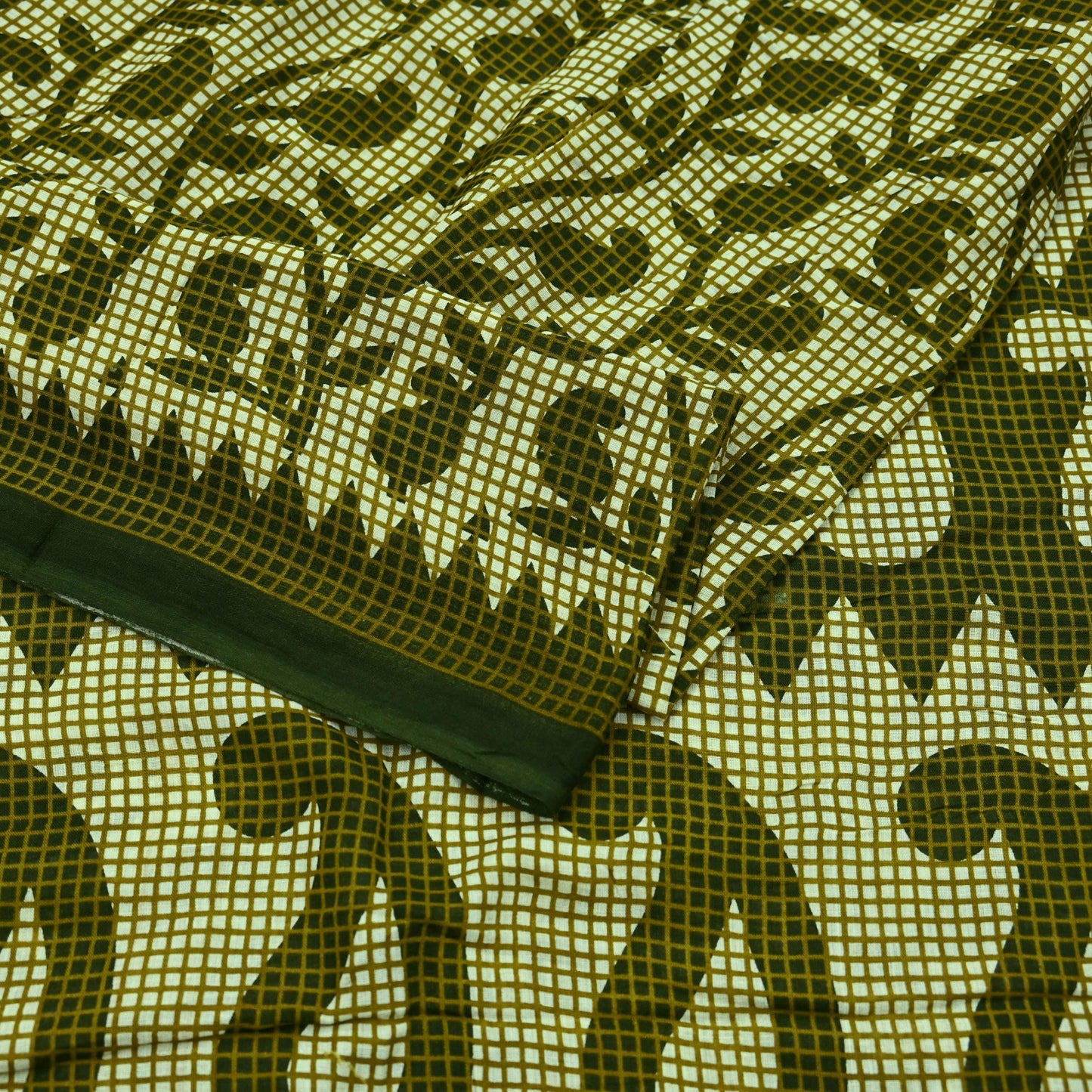Indian Vintage Sari Green & Ivory Printed Pure Cotton Sarees 5Yd Craft Fabric Soft Sewing Sarong Wrap Boho Upcycle quilting Dress making