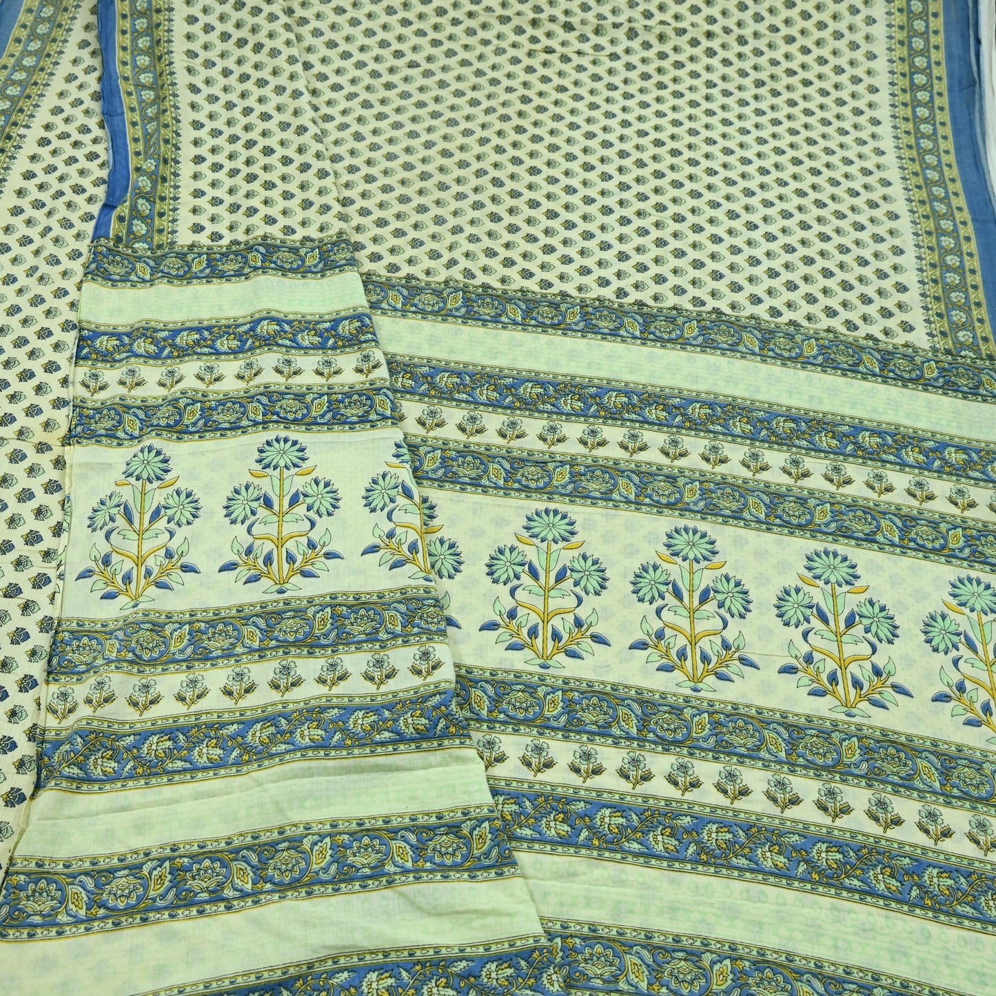 Indian Vintage Sari Ivory Block Printed Pure Cotton Sarees 5Yd Craft Fabric Soft Sewing Sarong Wrap Boho Upcycle quilting Dress making
