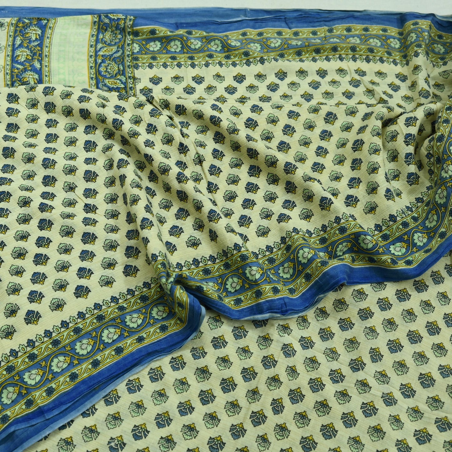 Indian Vintage Sari Ivory Block Printed Pure Cotton Sarees 5Yd Craft Fabric Soft Sewing Sarong Wrap Boho Upcycle quilting Dress making