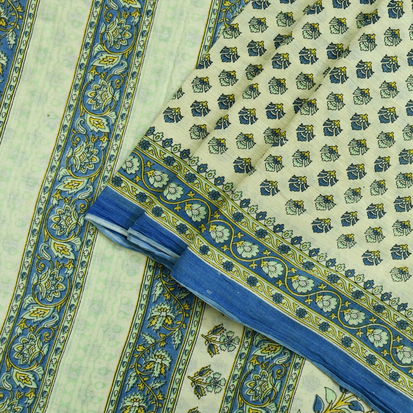 Indian Vintage Sari Ivory Block Printed Pure Cotton Sarees 5Yd Craft Fabric Soft Sewing Sarong Wrap Boho Upcycle quilting Dress making