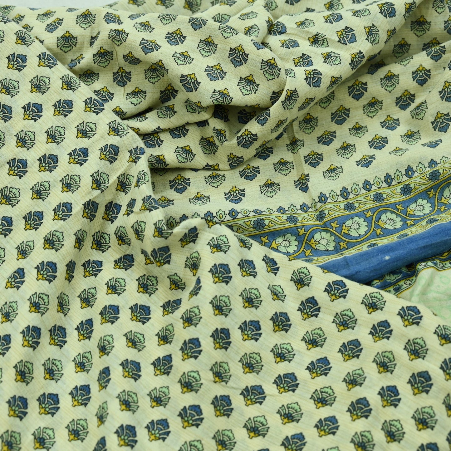 Indian Vintage Sari Ivory Block Printed Pure Cotton Sarees 5Yd Craft Fabric Soft Sewing Sarong Wrap Boho Upcycle quilting Dress making