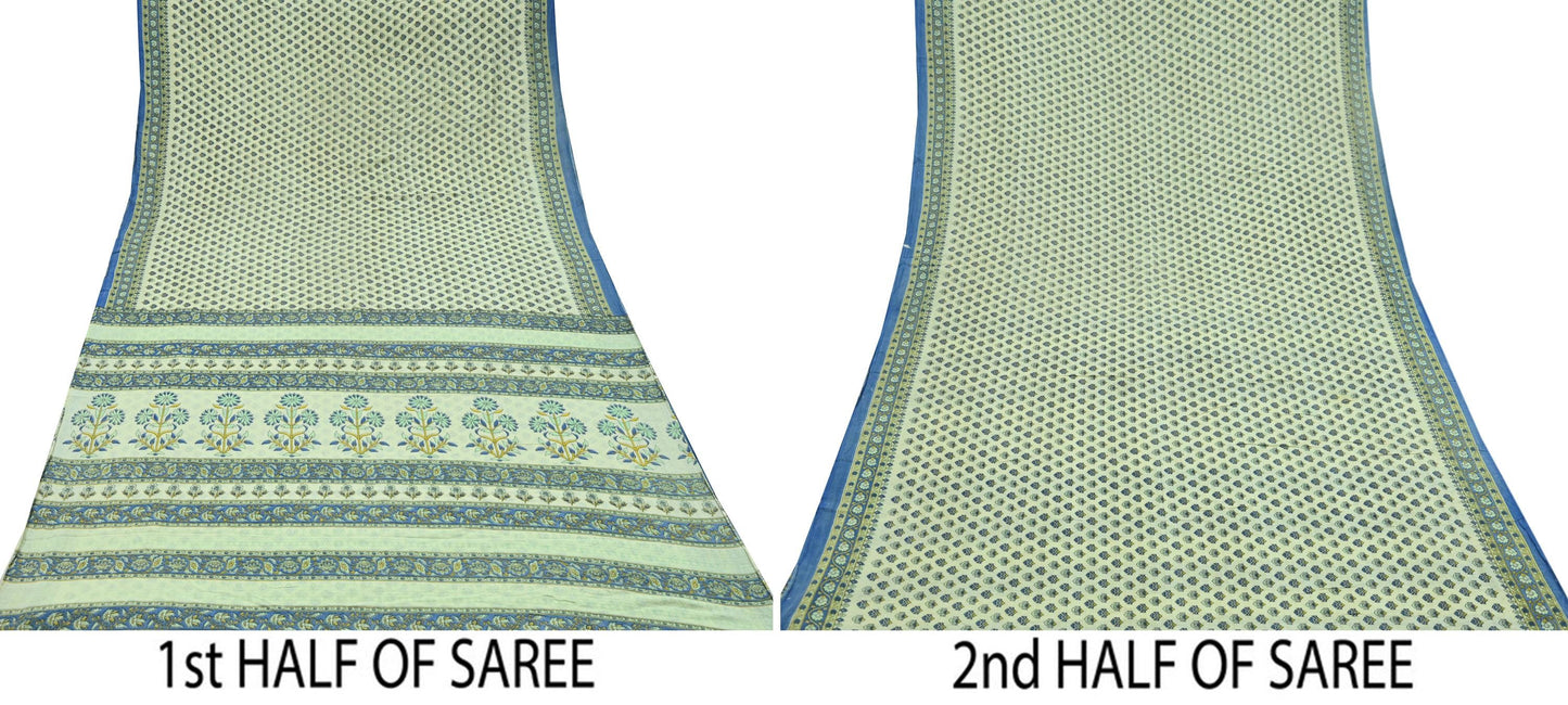 Indian Vintage Sari Ivory Block Printed Pure Cotton Sarees 5Yd Craft Fabric Soft Sewing Sarong Wrap Boho Upcycle quilting Dress making