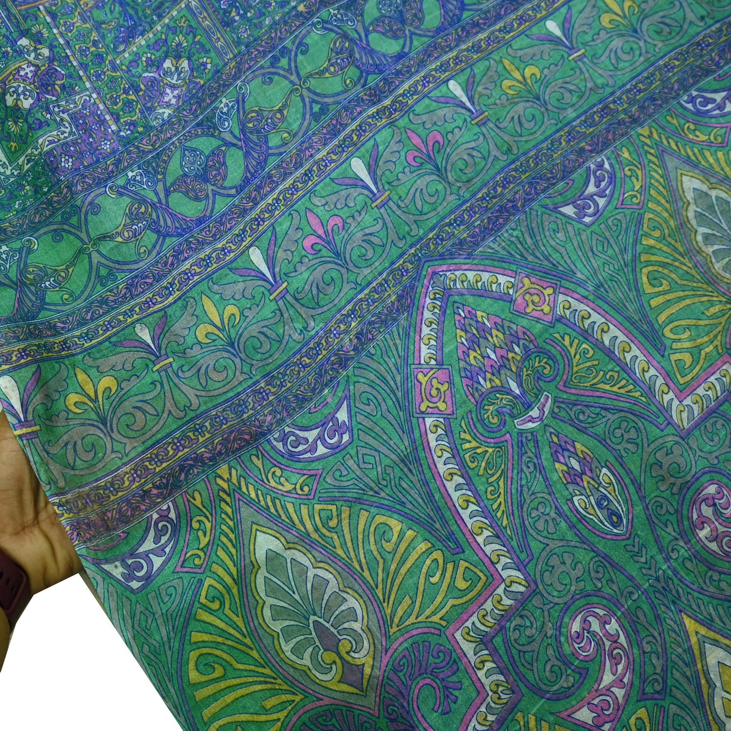 Indian Vintage Sari Green & Blue 100% Pure Silk Printed Sarees 5yd Sewing Craft Fabric Dress Making Soft Wrap Crafting Quilting Upcycle