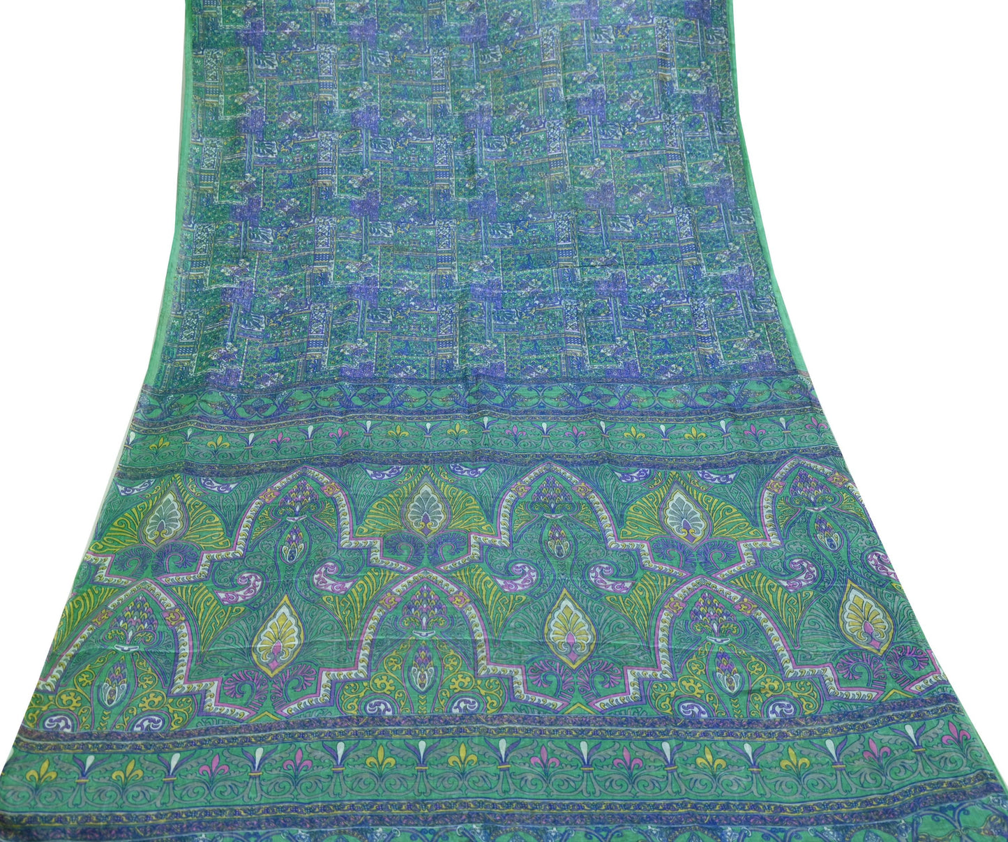 Indian Vintage Sari Green & Blue 100% Pure Silk Printed Sarees 5yd Sewing Craft Fabric Dress Making Soft Wrap Crafting Quilting Upcycle