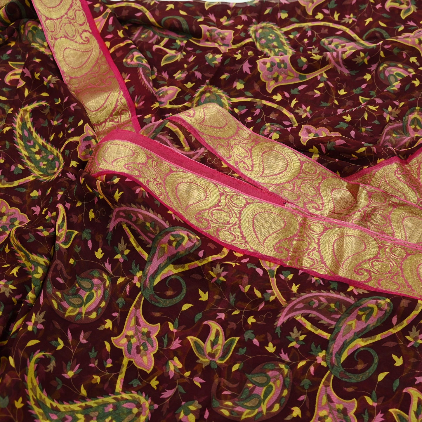 Women Vintage Sari Pink & Maroon Pure Chiffon Silk Printed Sarees Craft Fabric Sewing 6Yd Soft Light Sari Dress Making