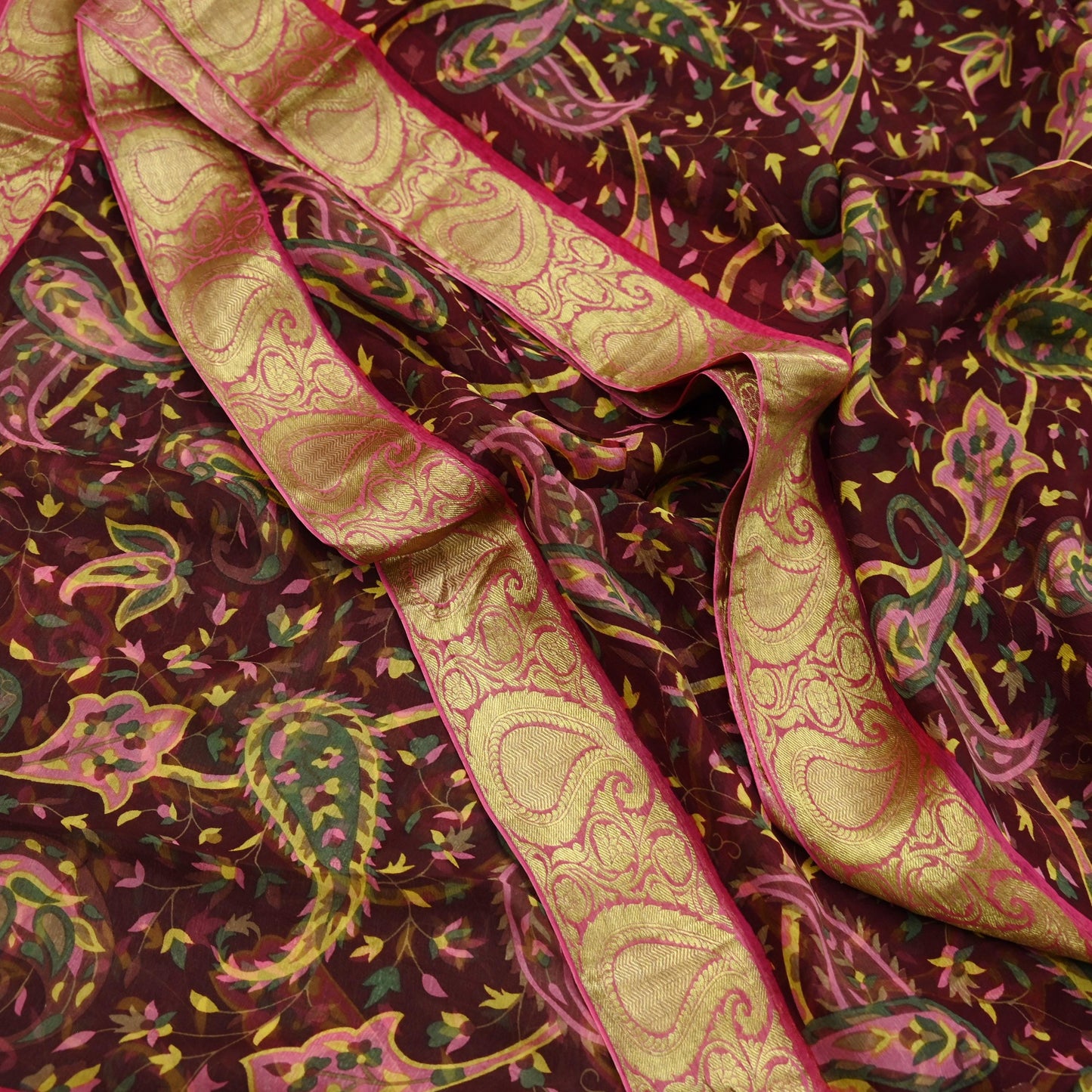 Women Vintage Sari Pink & Maroon Pure Chiffon Silk Printed Sarees Craft Fabric Sewing 6Yd Soft Light Sari Dress Making