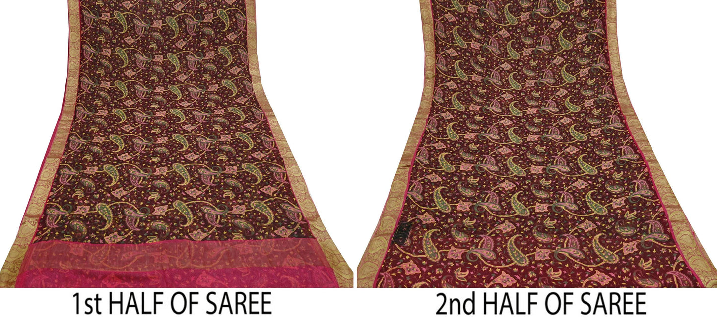Women Vintage Sari Pink & Maroon Pure Chiffon Silk Printed Sarees Craft Fabric Sewing 6Yd Soft Light Sari Dress Making
