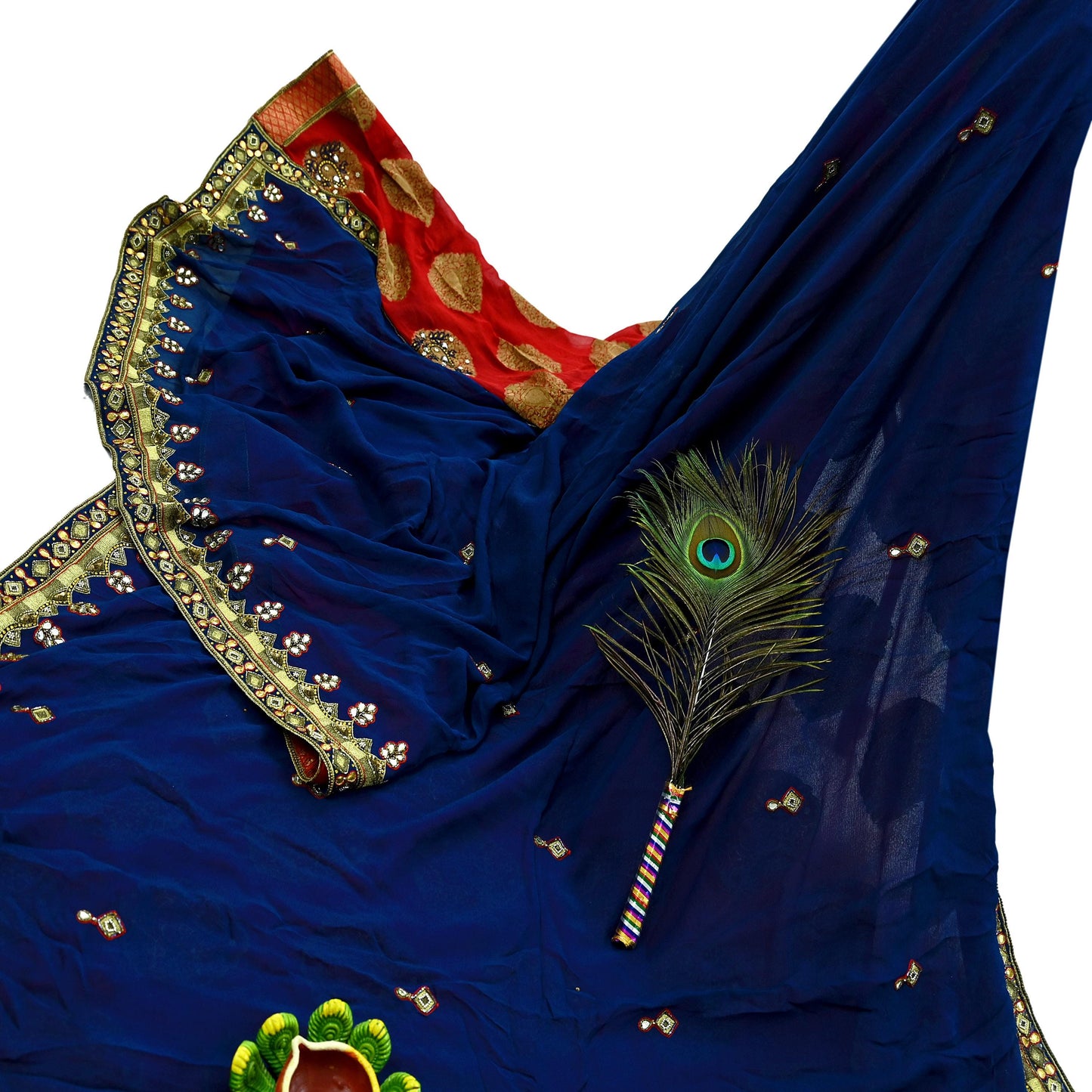 Indian Vintage Heavy Sari Red & Blue Pure Georgette Silk Hand Embroidered Sarees Craft Fabric 5Yd Sewing Ethnic