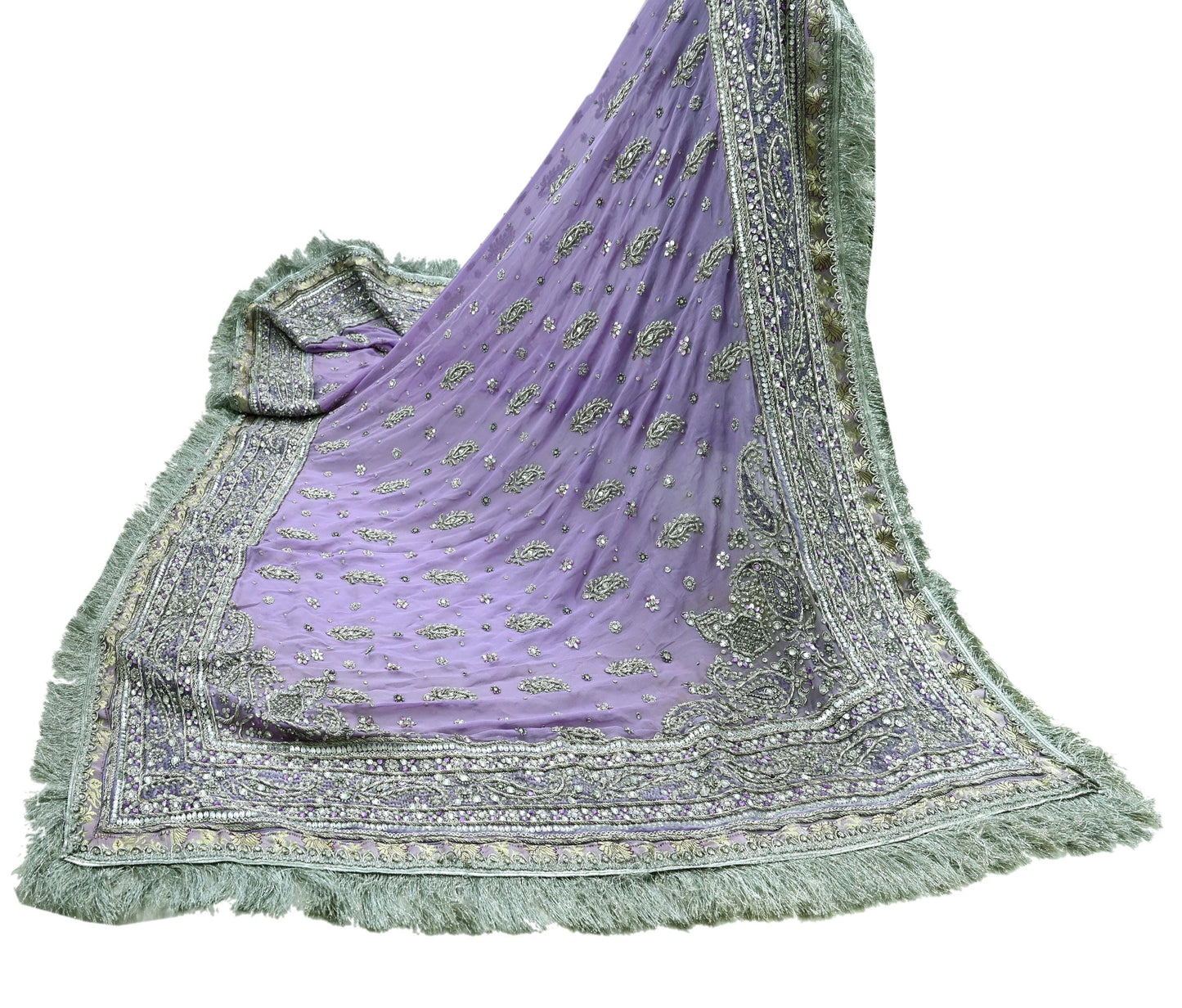 Indian Vintage Heavy Purple Dupatta Pure Georgette Silk Long Stole Hand Embroidered Scarf Zardozi/Dabka Zari Sequins