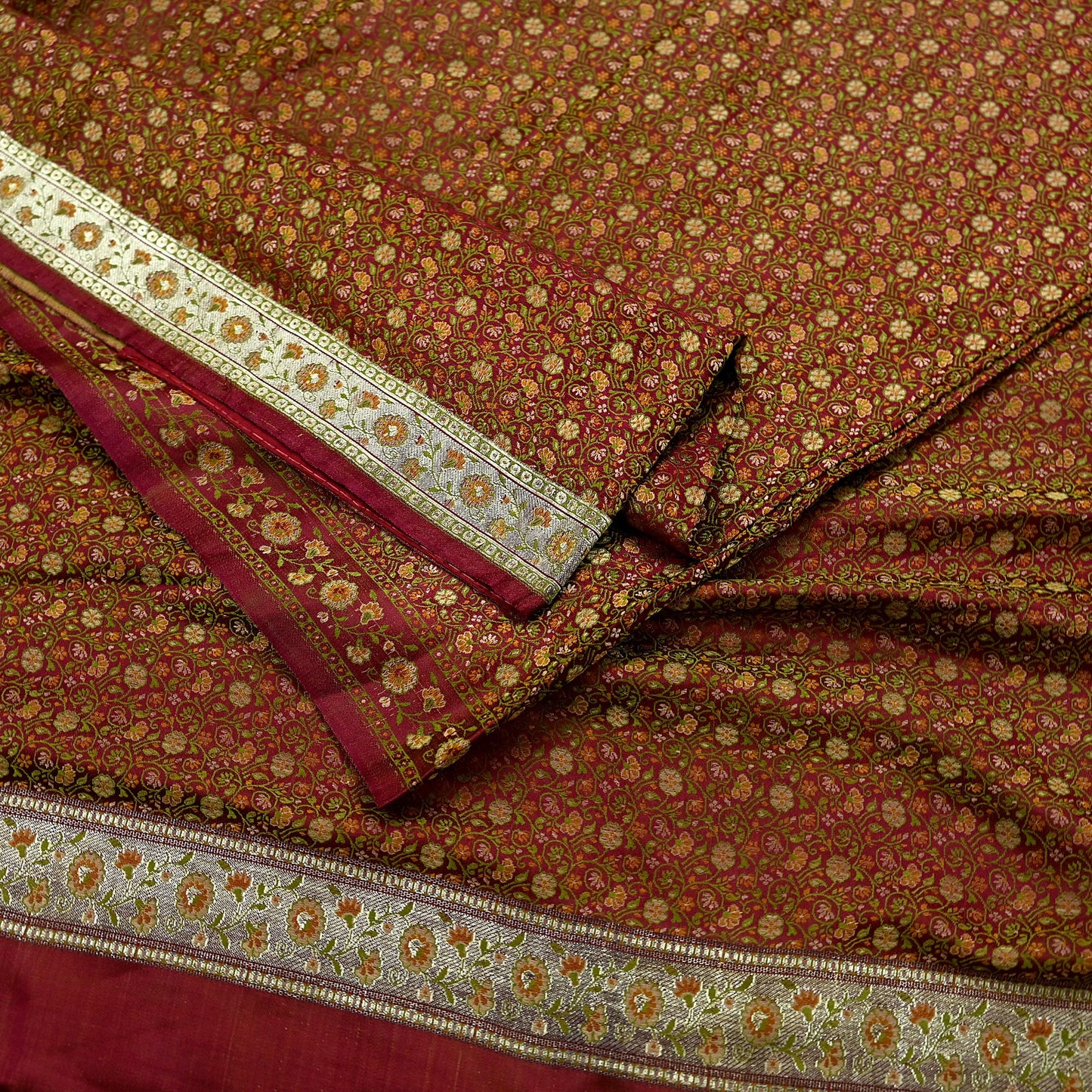 Indian Vintage Sari Maroon Heavy Wedding Pure Satin Silk Woven Banarasi Tanchoi Saree 5Yd Ethnic Craft Fabric Upcycle Bridal Heavy Sarees