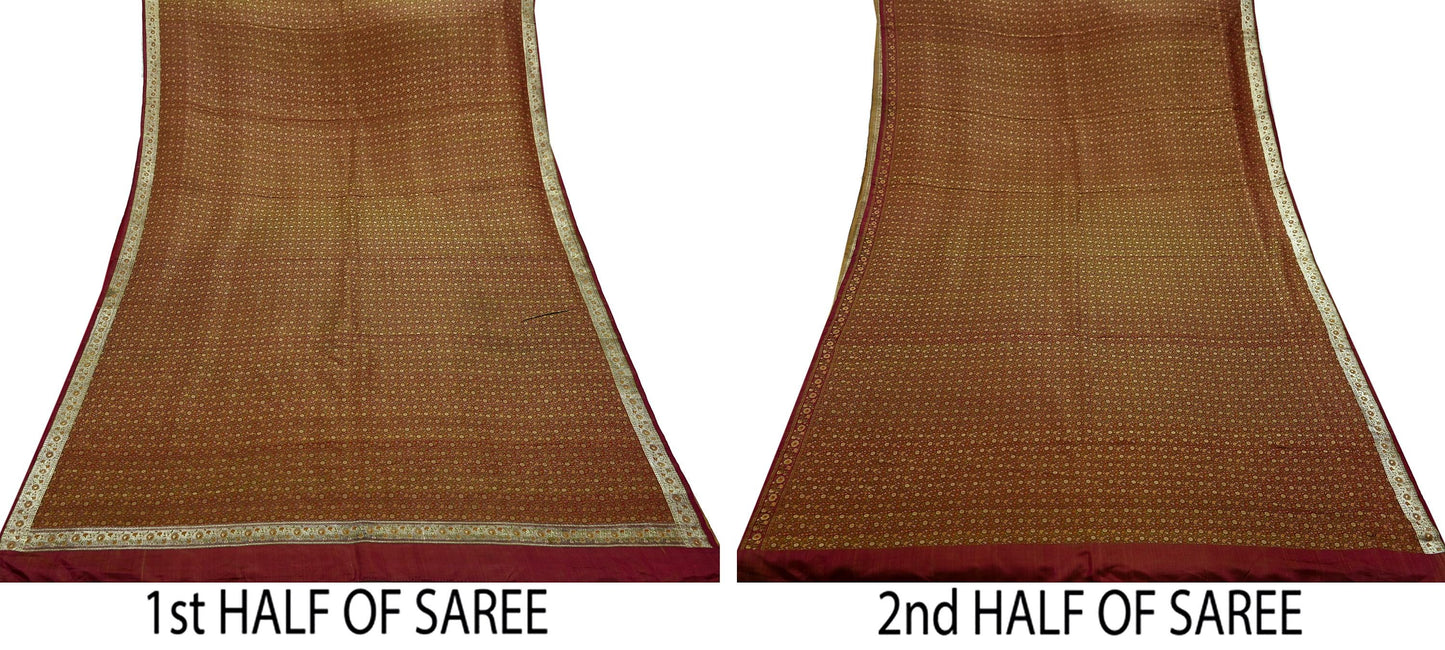 Indian Vintage Sari Maroon Heavy Wedding Pure Satin Silk Woven Banarasi Tanchoi Saree 5Yd Ethnic Craft Fabric Upcycle Bridal Heavy Sarees