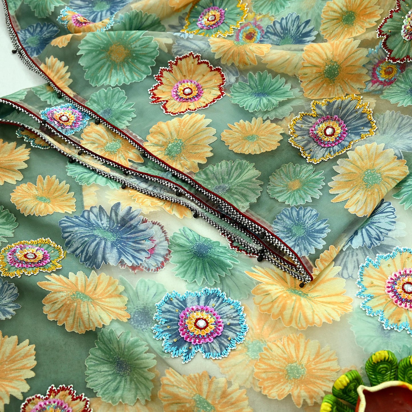 Indian Vintage Wedding Sari Green Organza hand Embroidered Saree Craft Fabric 5Yd Sewing Ethnic Bollywood sarees Dress making